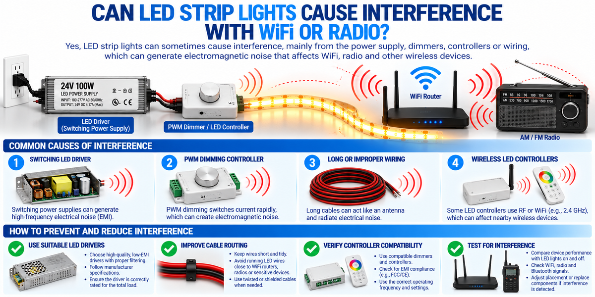 LED strip lighting electromagnetic interference infographic showing a 24V LED driver, COB LED strip, WiFi router, radio, PWM controller, and practical EMI prevention methods.