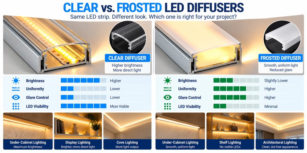Clear vs frosted LED channel diffusers comparison showing differences in COB LED strip brightness, light uniformity, glare, and finished appearance.