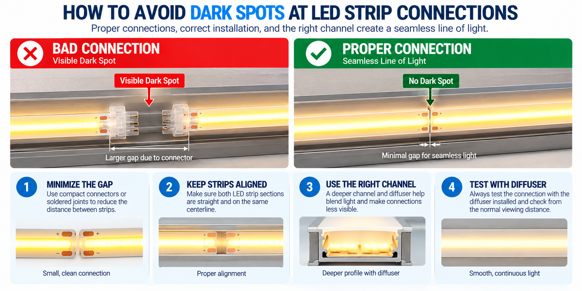 COB LED strip connection comparison showing a visible dark spot caused by a large connector gap versus a compact properly aligned connection creating smooth continuous light.