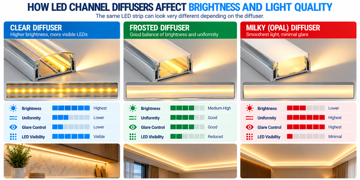 LED channel diffuser comparison showing how clear, frosted, and milky covers affect COB LED strip brightness, glare, hotspots, and light uniformity.