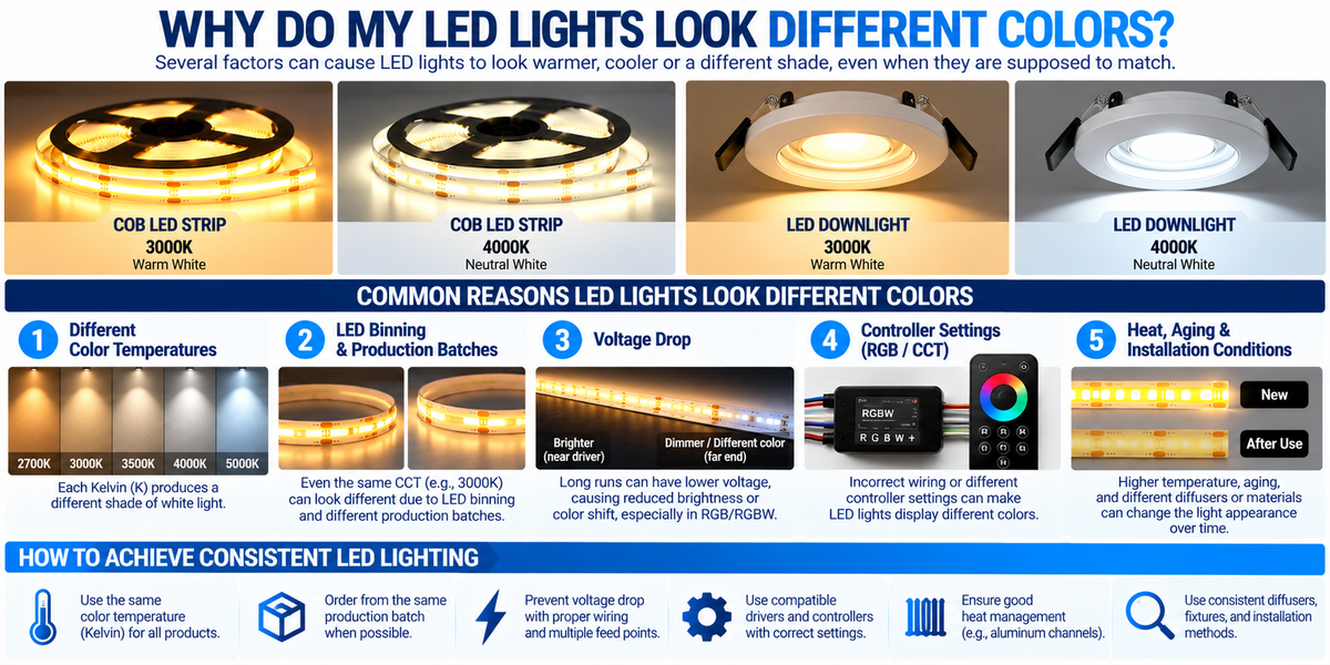 LED color mismatch troubleshooting infographic showing different LED color temperatures, voltage drop, LED binning, RGB controller settings, and inconsistent COB strip lighting.