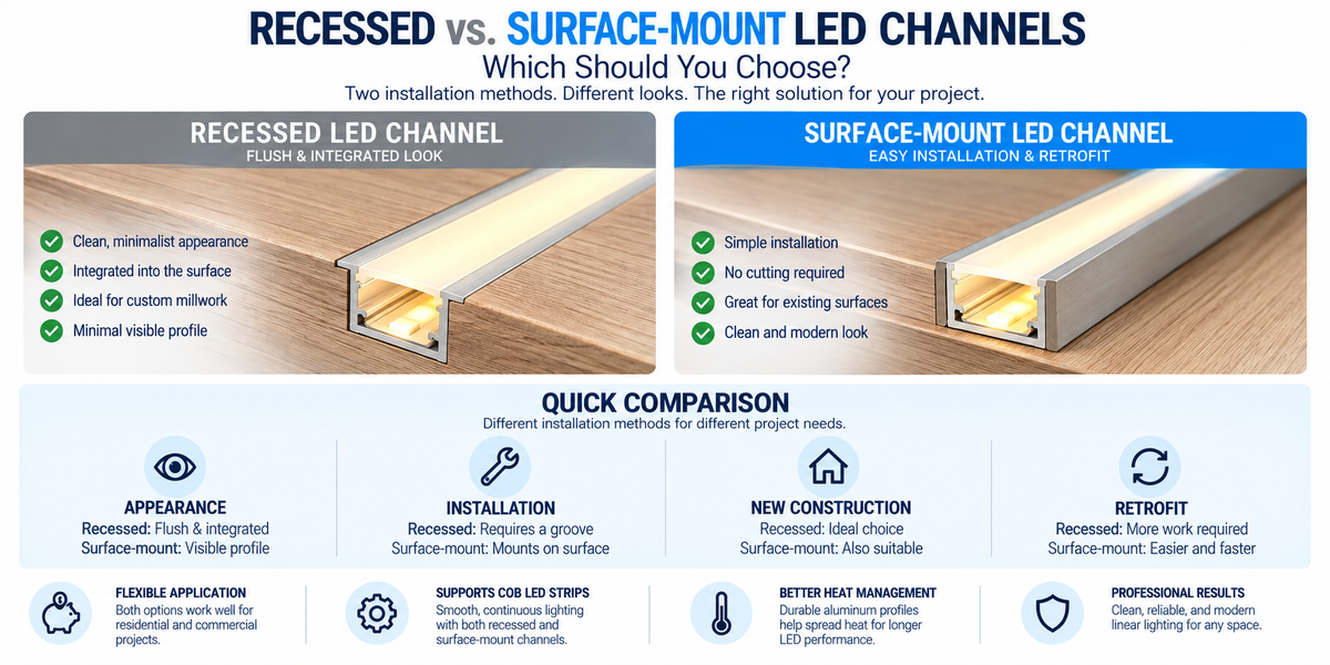 Recessed versus surface-mount aluminum LED channels with COB LED strips showing differences in installation, appearance, retrofit use, and architectural applications.