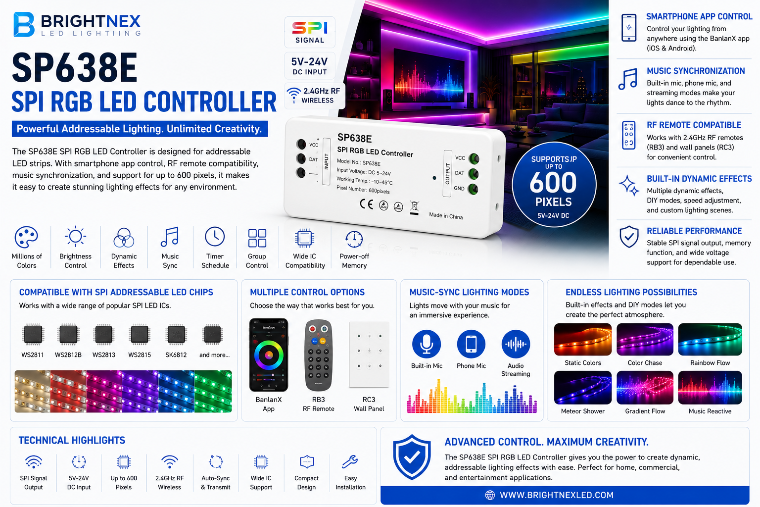 SP638E SPI RGB LED controller for addressable RGB LED strip lights with app and RF remote control.