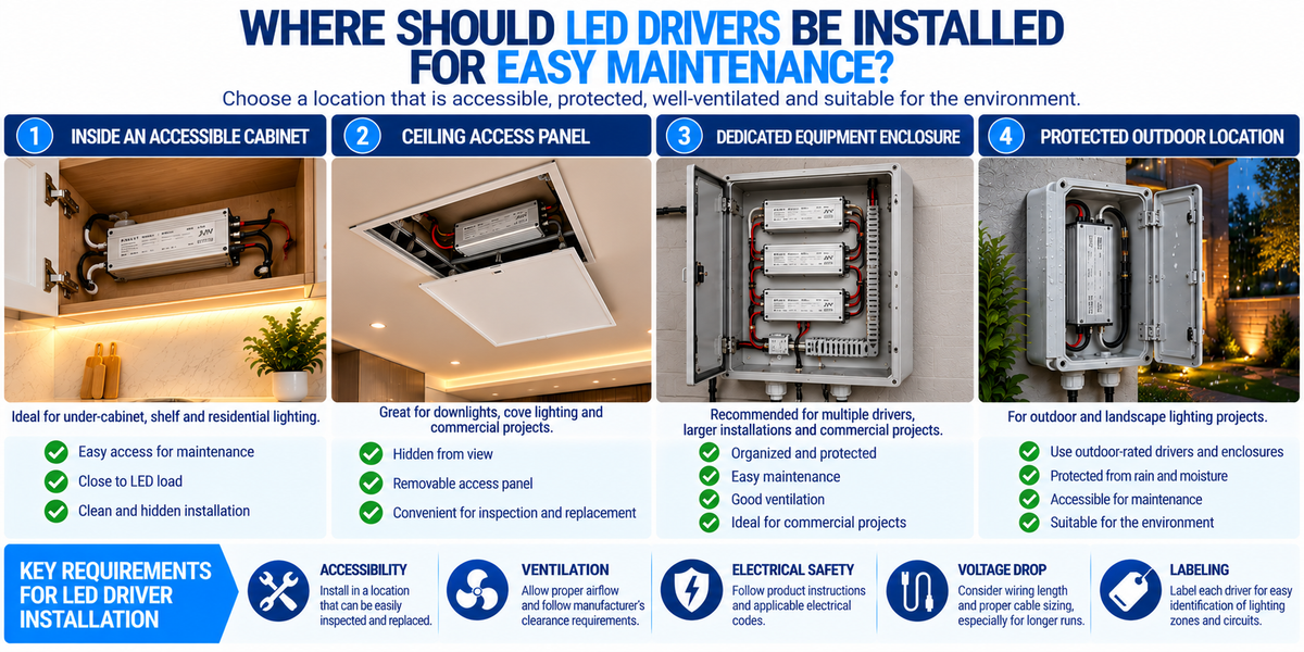LED driver installation locations showing accessible cabinet compartments, ceiling access panels, equipment enclosures, ventilation, and maintenance-friendly wiring.