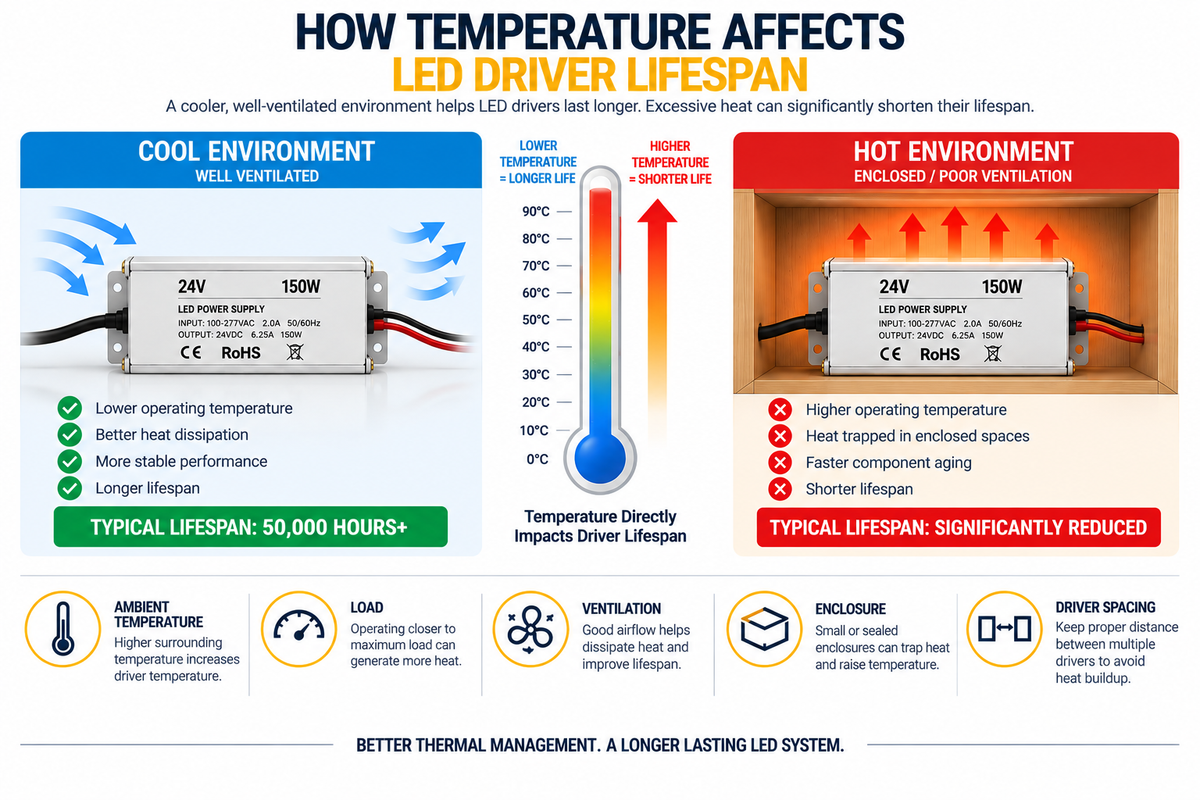LED driver temperature comparison showing how excessive heat, poor ventilation, heavy load, and enclosed installation can affect driver lifespan and reliability.