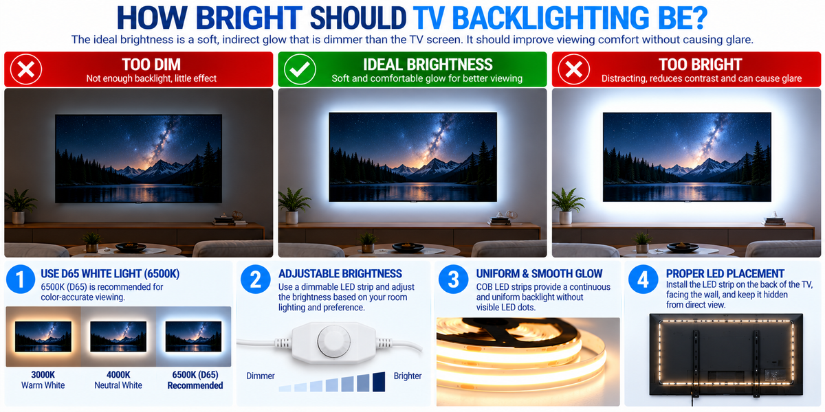 Modern wall-mounted television with soft COB LED bias lighting showing recommended TV backlight brightness, 6500K white lighting, RGB comparison, and installation positioning.