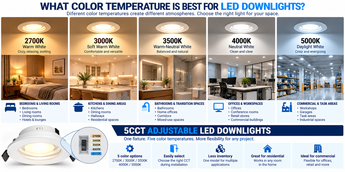 Comparison of 2700K, 3000K, 3500K, 4000K, and 5000K LED downlight color temperatures in residential and commercial interiors.