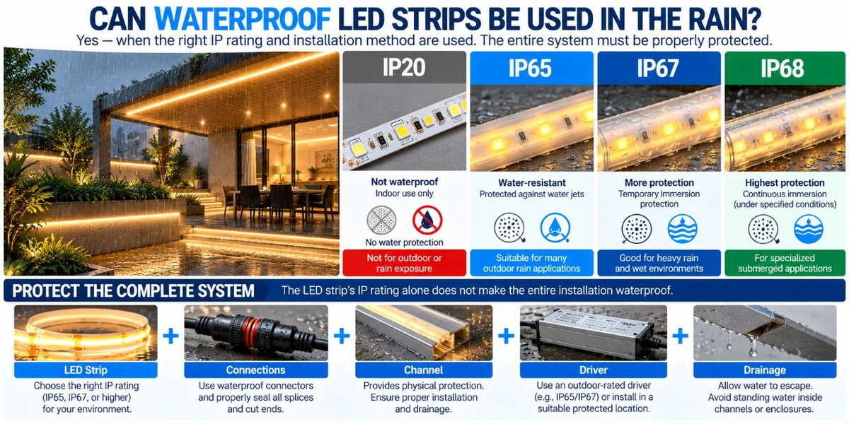 Waterproof COB LED strip installed outdoors in rain showing IP65 and IP67 protection, waterproof connections, LED driver protection, and proper drainage.