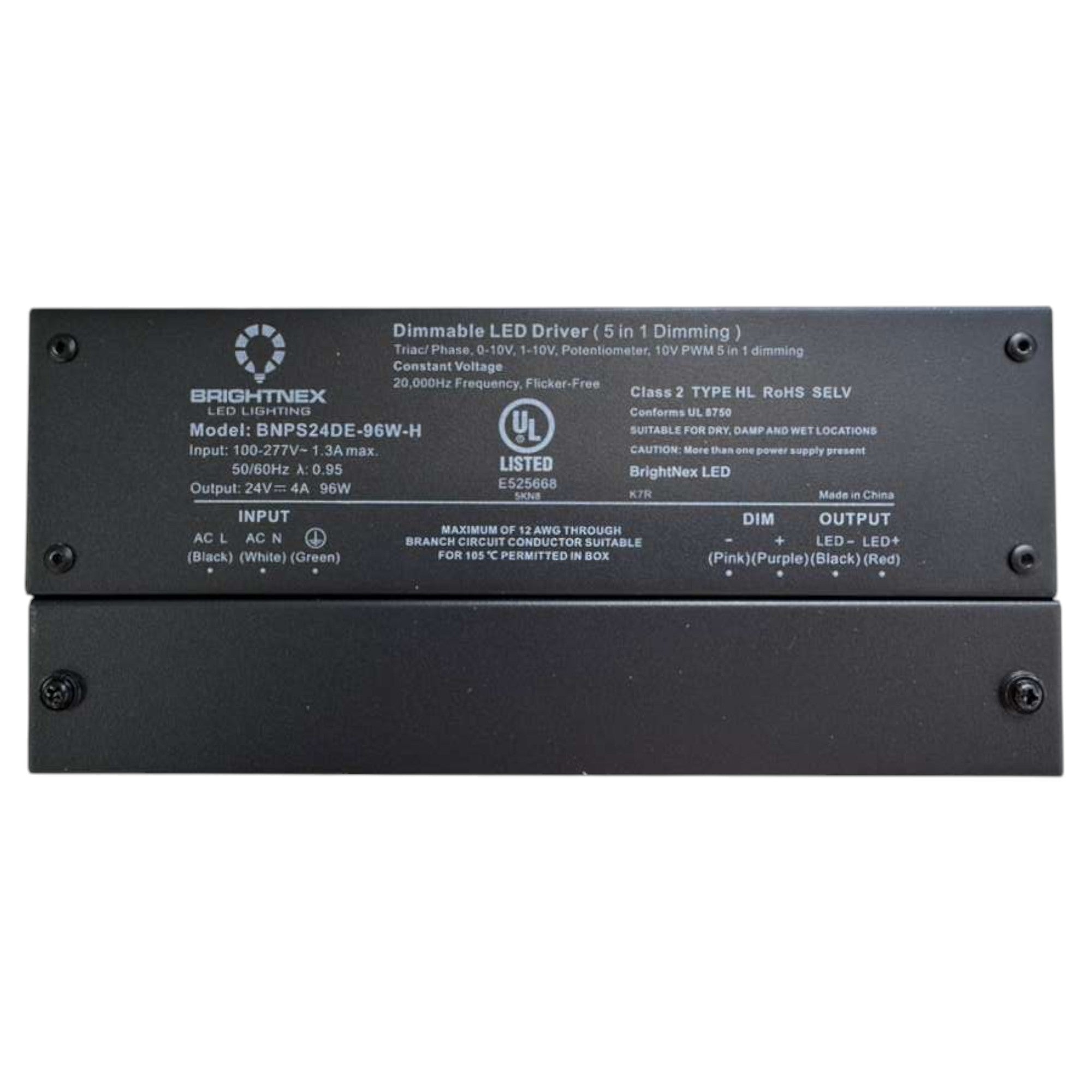 96W 5-in-1 Dimmable LED Driver with Junction Box – 24V – TRIAC, ELV, MLV, 0-10V, PWM, Potentiometer – Flicker-Free, UL Listed