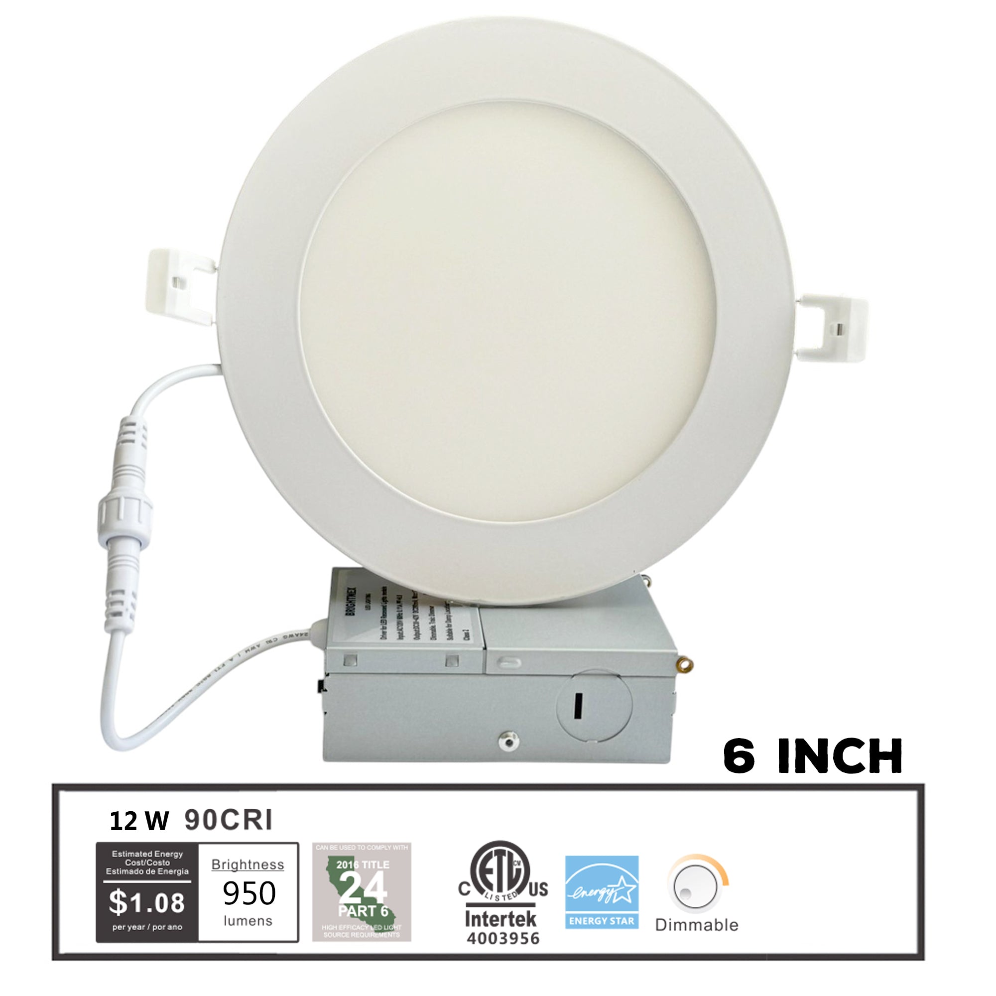 6 inch flat slim LED panel downlight 12W 950 lumens CRI90 dimmable with junction box ETL listed Energy Star certified indoor recessed ceiling light