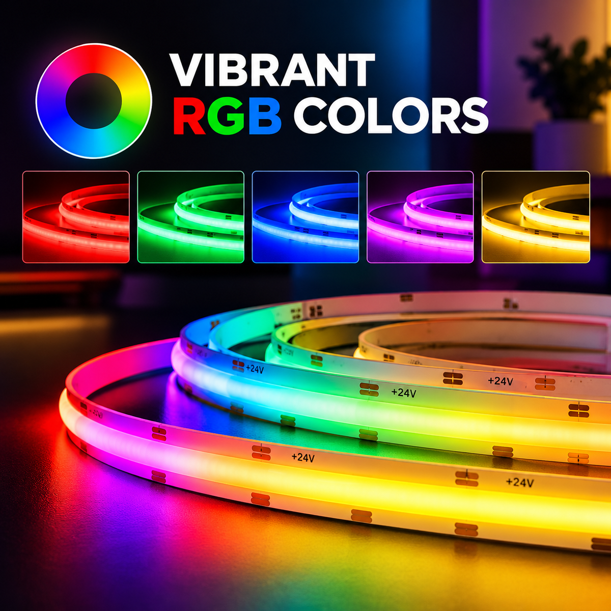 RGBW COB LED Strip Light – 24V, 12mm – Dimmable – 3000K & 5000K – Dotless –16.5ft, 48ft & 82ft - UL Certified – Indoor