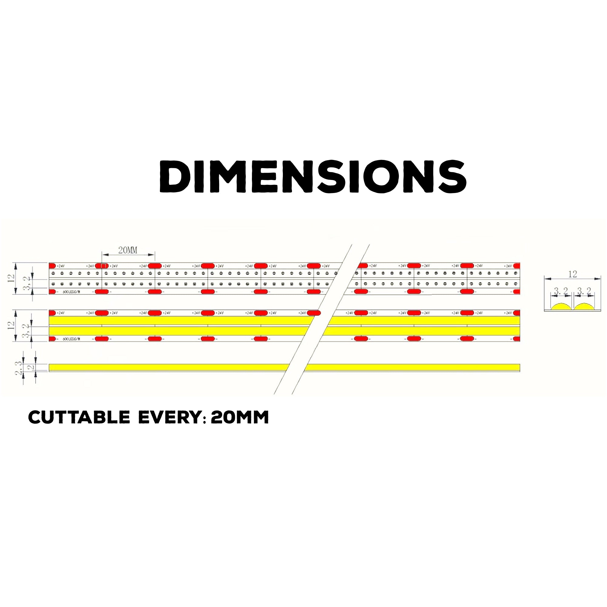 UL listed COB double row LED strip light 24V 12mm showing strip dimensions and cuttable every 20mm diagram for indoor installation