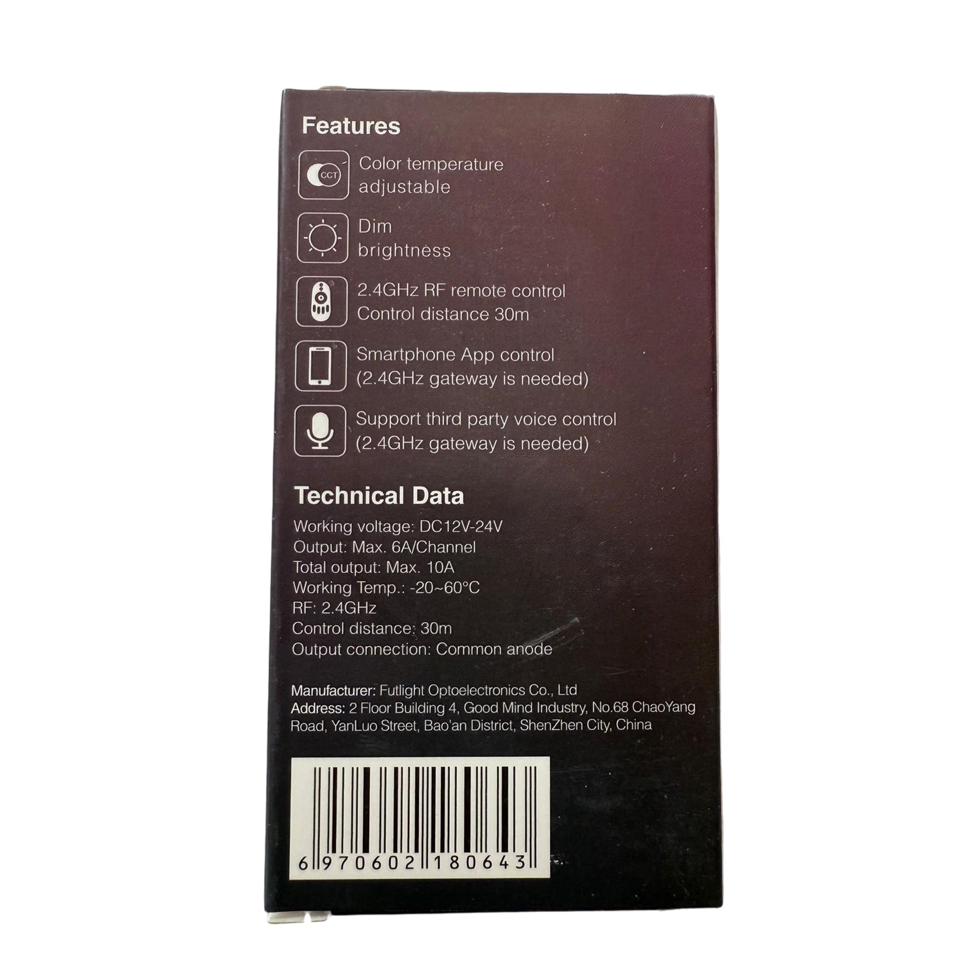 Mi Light FUT007 CCT remote control packaging back showing features and technical specifications