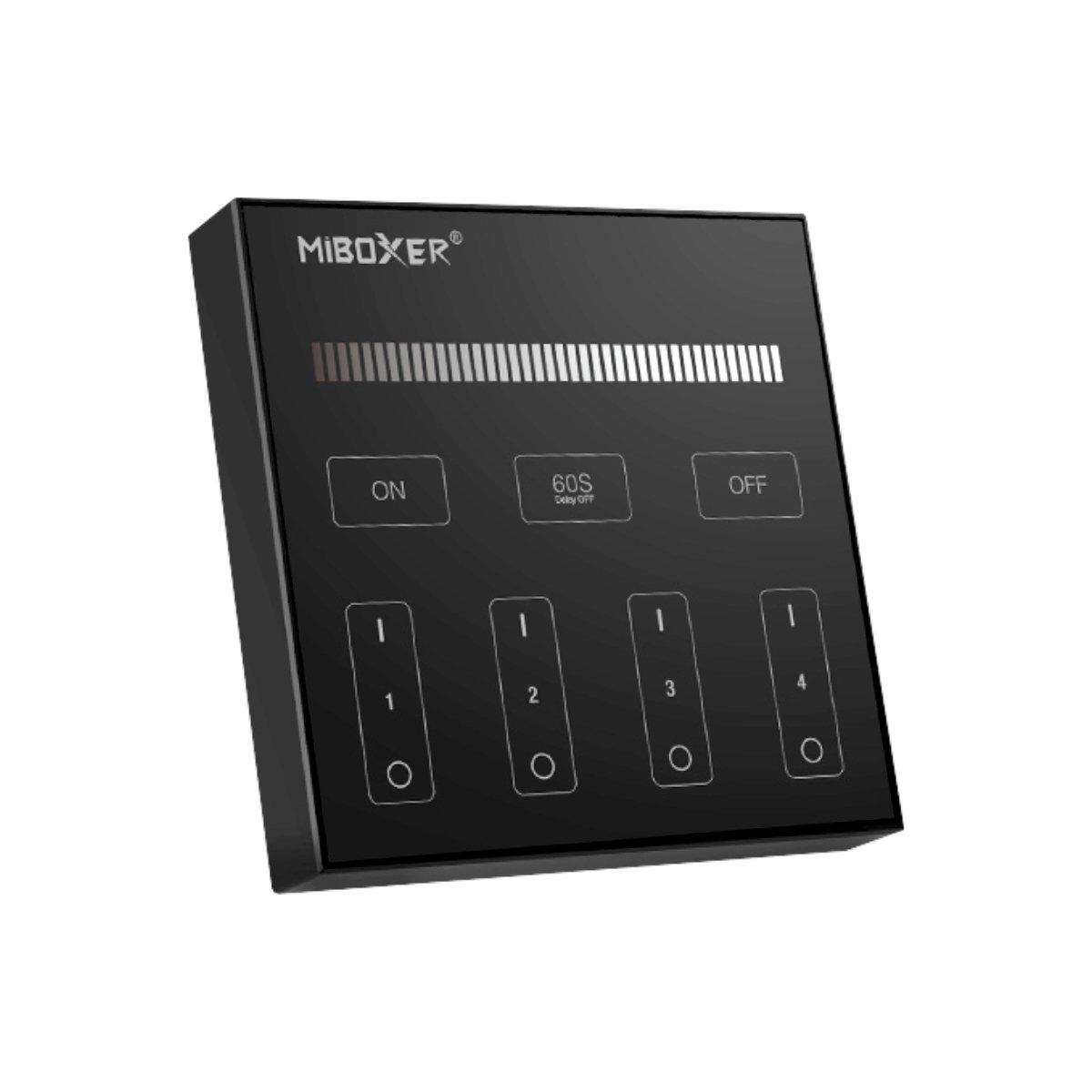 Front view of MiBoxer B1-B black 2.4GHz RF four-zone LED wall touch controller