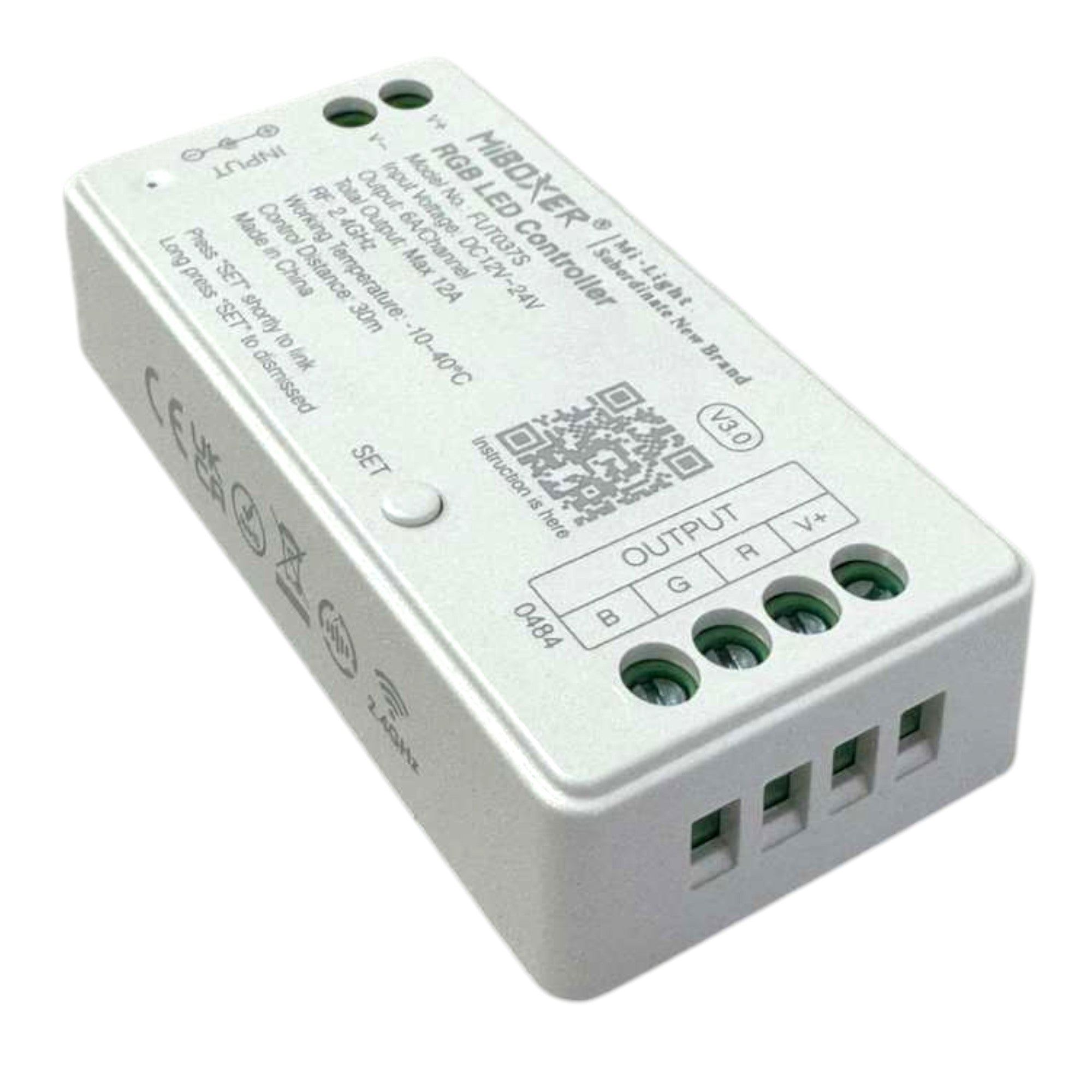 MiBoxer FUT037S RGB LED strip controller angled view showing output terminals and set button