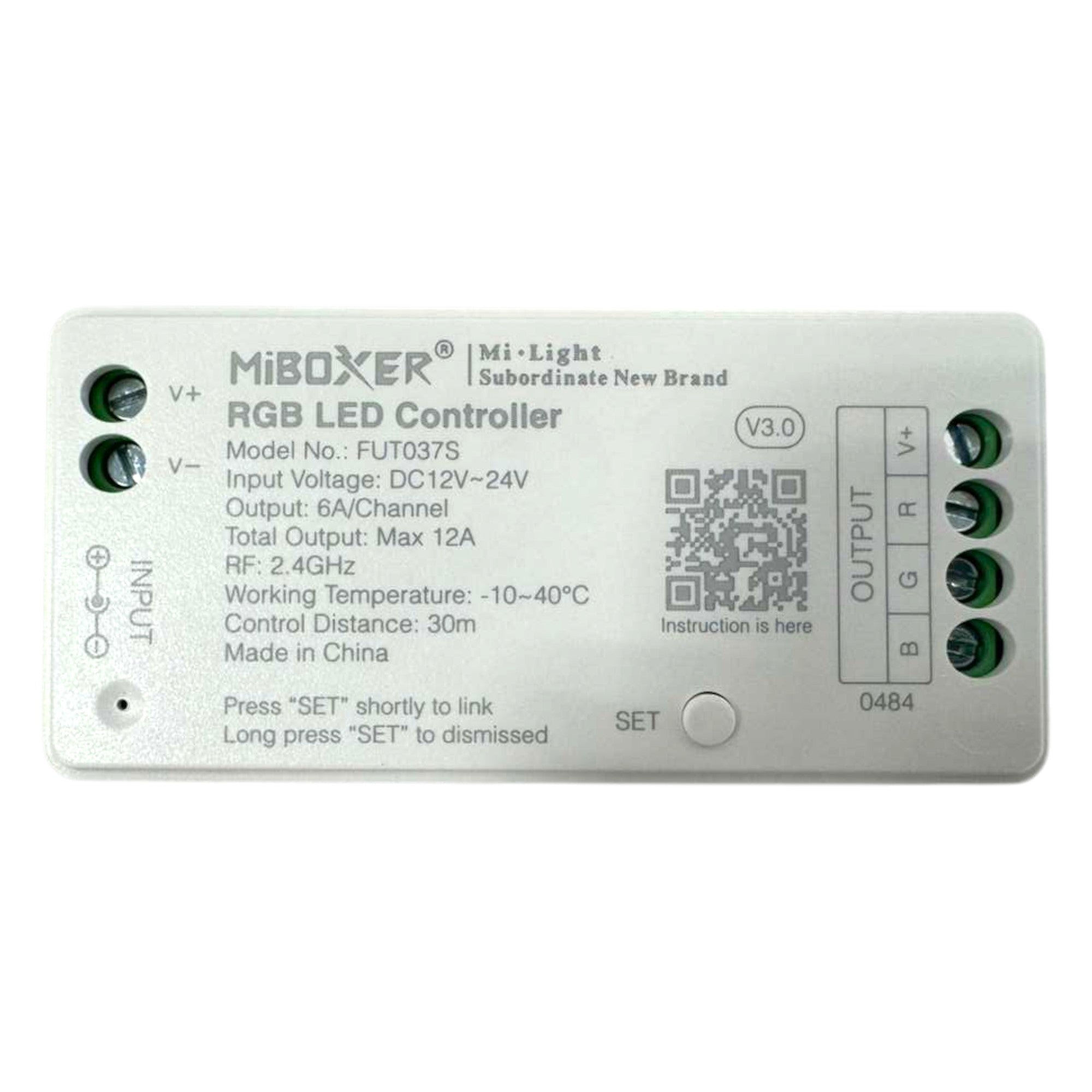 MiBoxer FUT037S RGB LED strip controller front view showing connection terminals and specifications