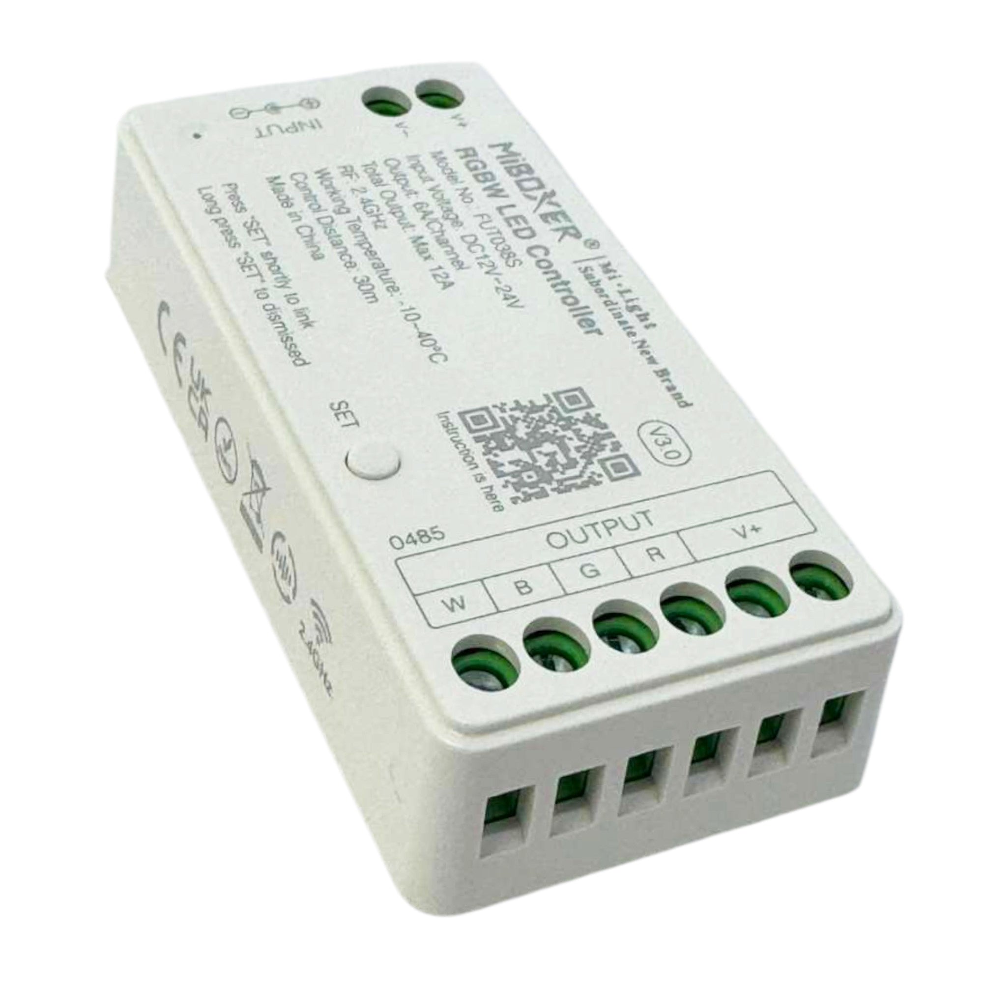 MiBoxer FUT038S RGBW LED strip controller angled view showing output terminals and set button