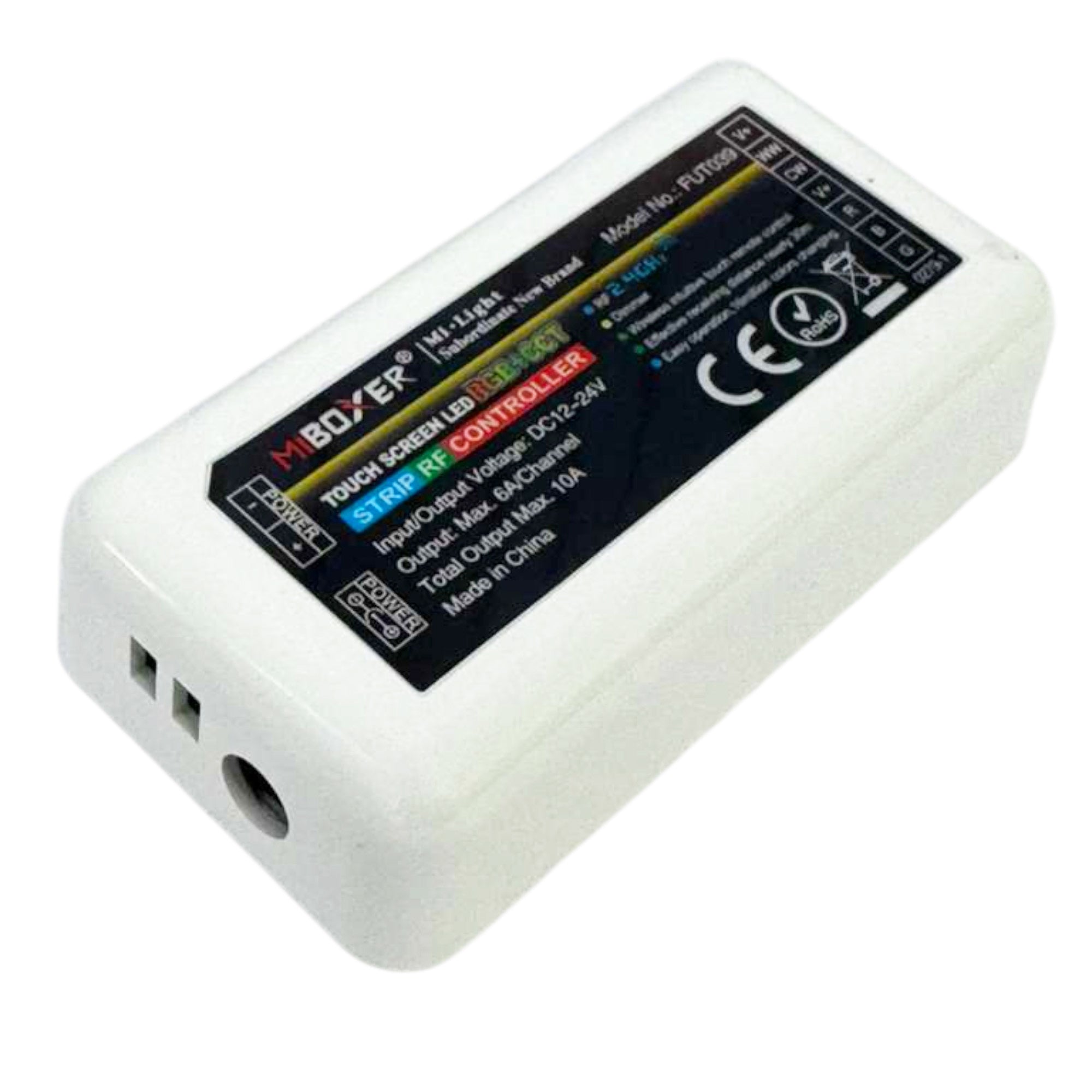 MiBoxer FUT039 RGB CCT LED strip controller showing power input connection
