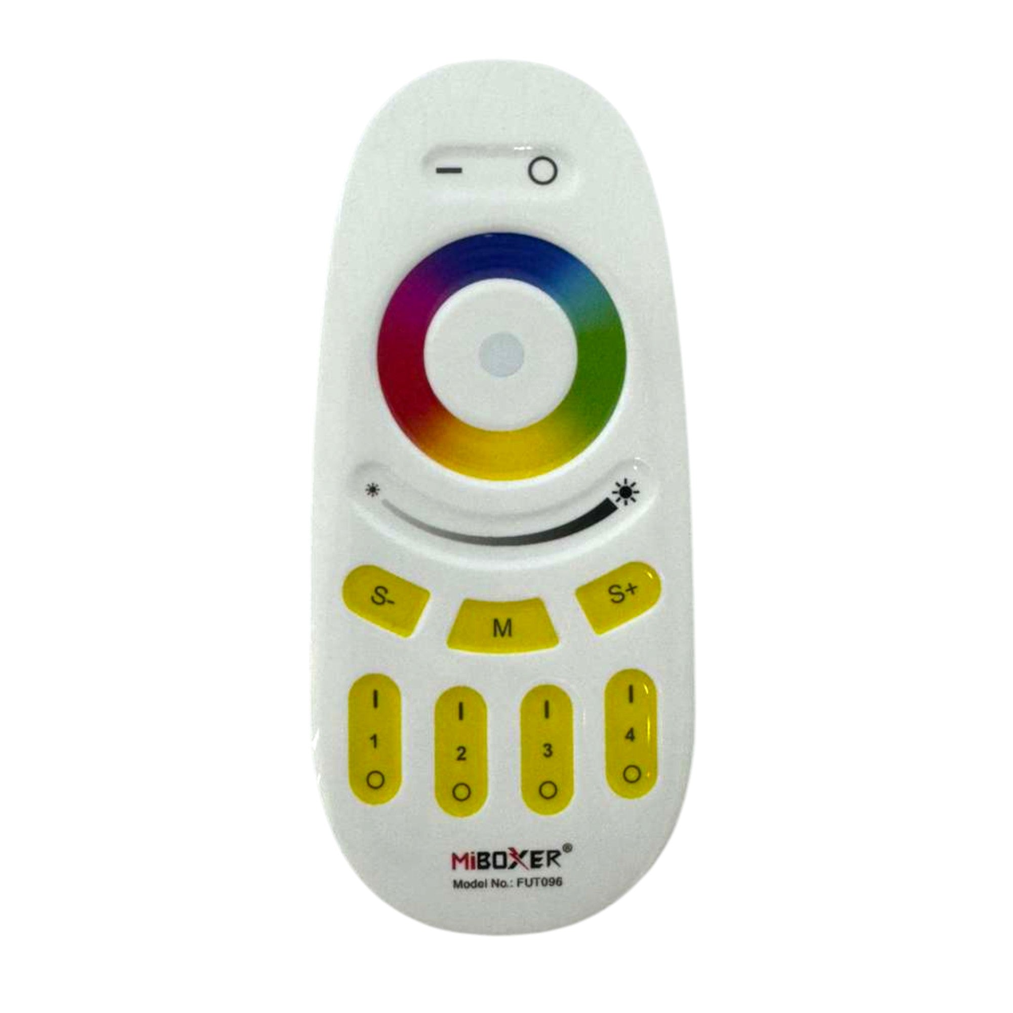 Miboxer FUT096 RGBW LED remote control front view with touch color wheel and 4 zone control buttons