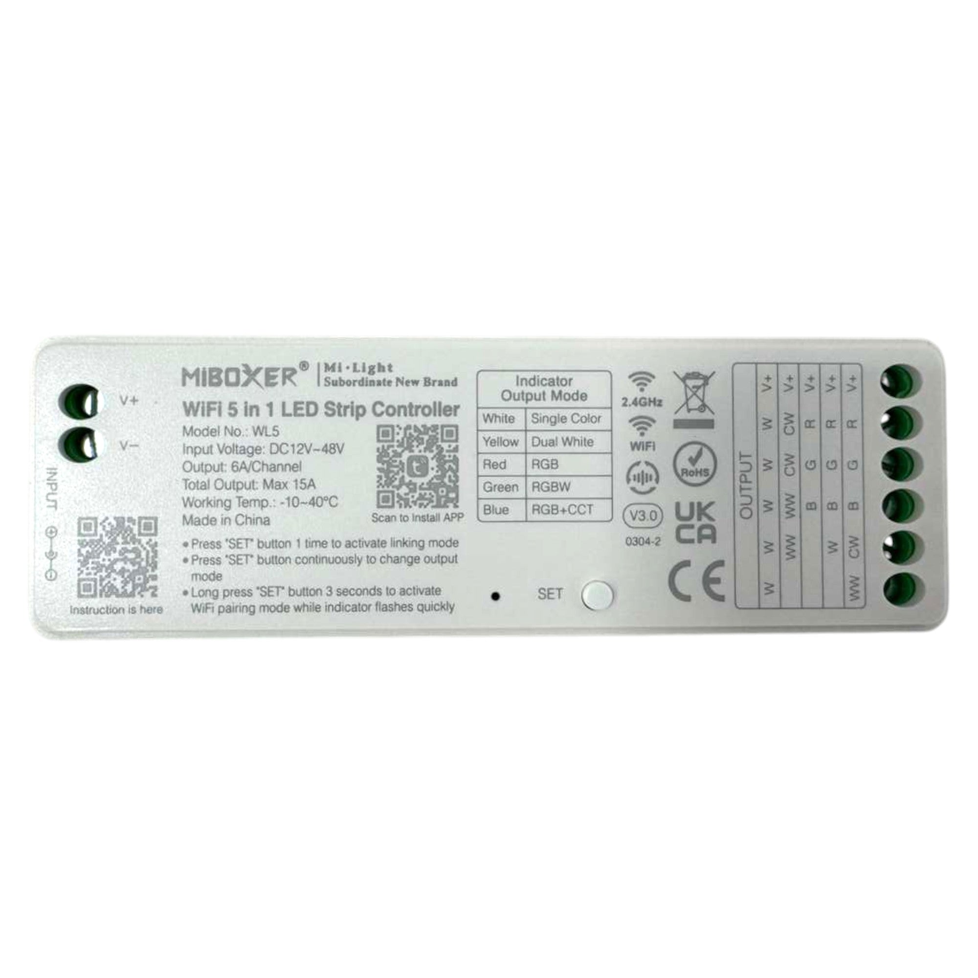 MiBoxer WL5 WiFi 5 in 1 LED strip controller angled view showing output terminals and set button