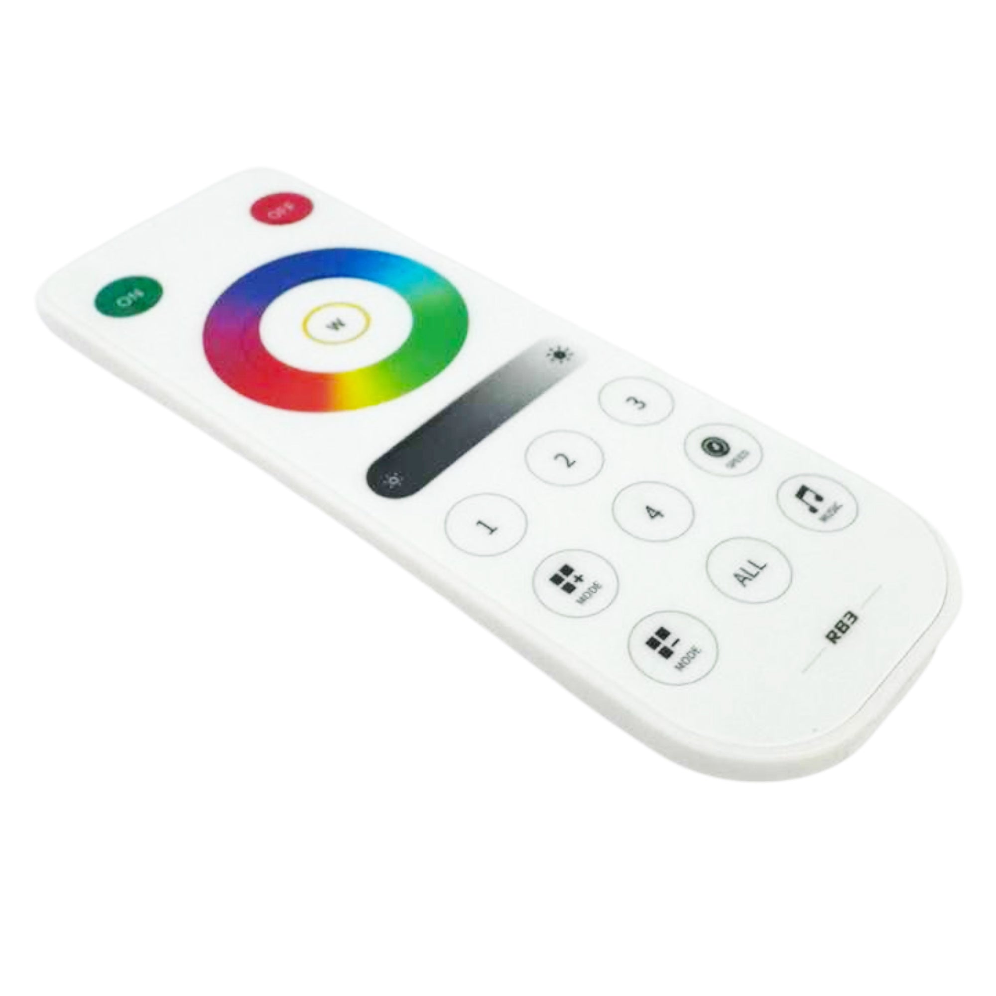 RB3 RGB LED strip wireless remote control angled view with color wheel and zone buttons