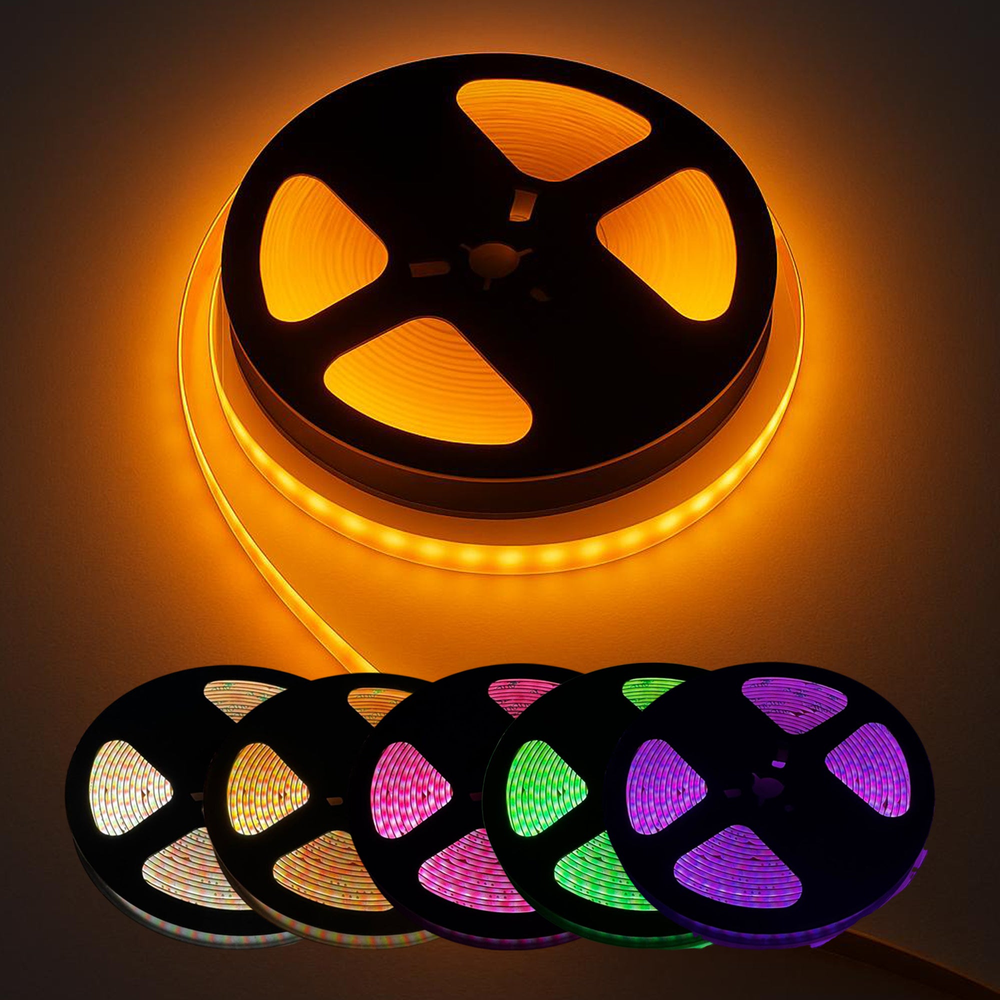 RGB CCT indoor 24V 12mm COB LED strip light showing multiple color lighting options including warm white RGB and color changing effects