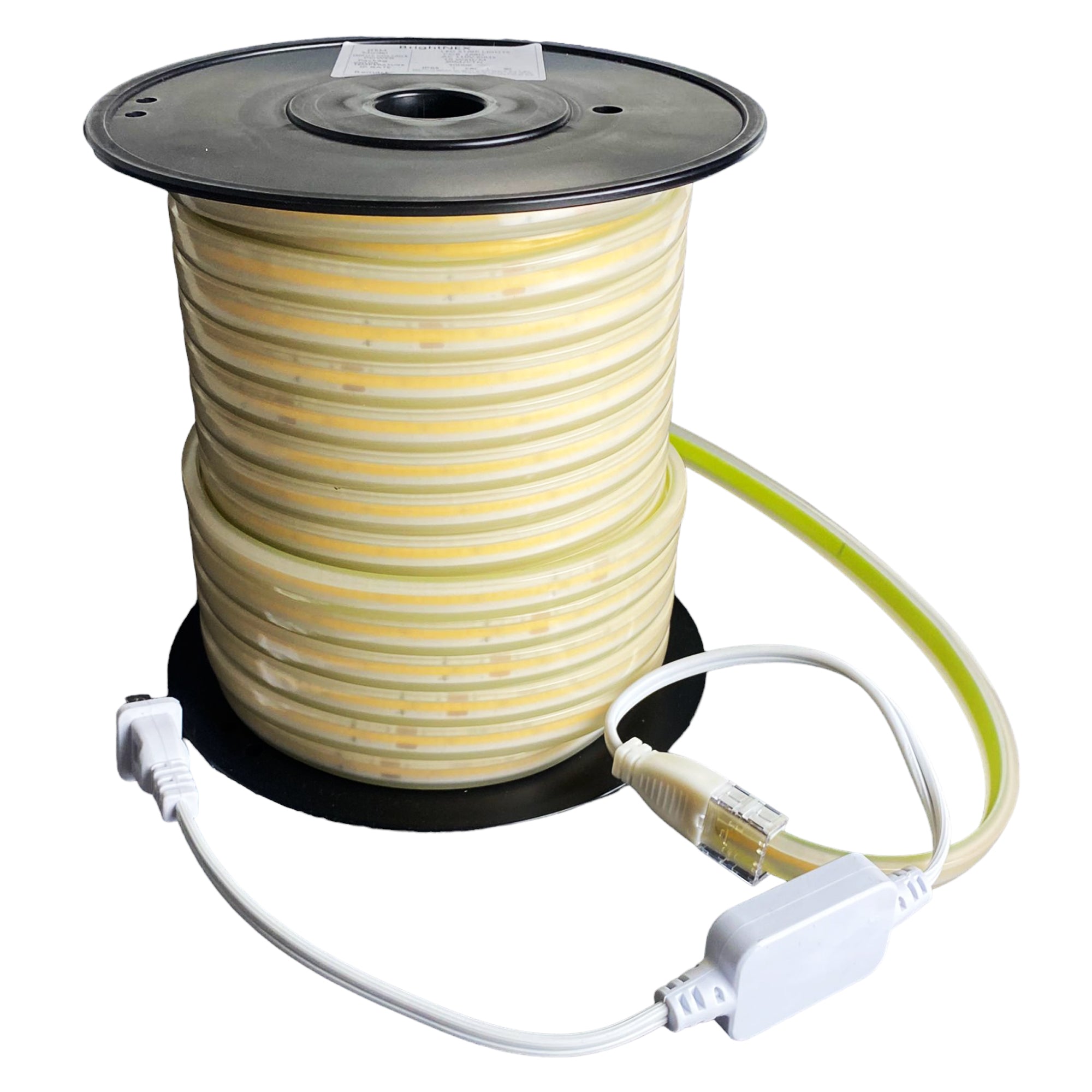 UL listed 110V COB LED strip light outdoor IP65 on large reel showing 100ft strip with power cord for outdoor installation