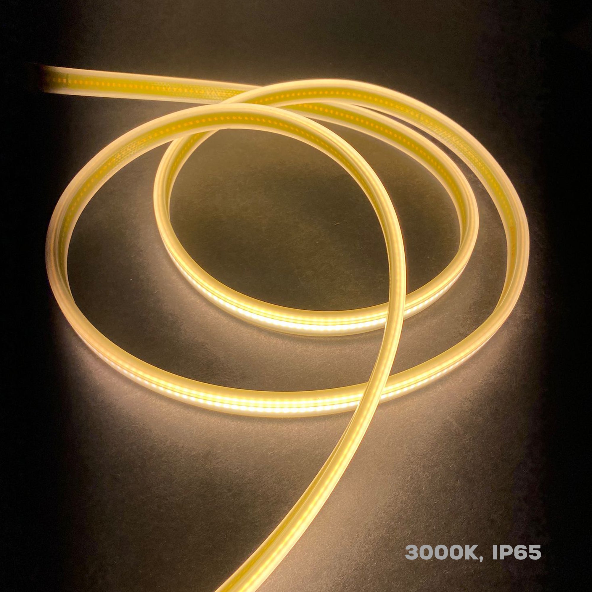 UL listed 110V COB LED strip light outdoor IP65 showing 3000K warm white color temperature dotless strip lighting