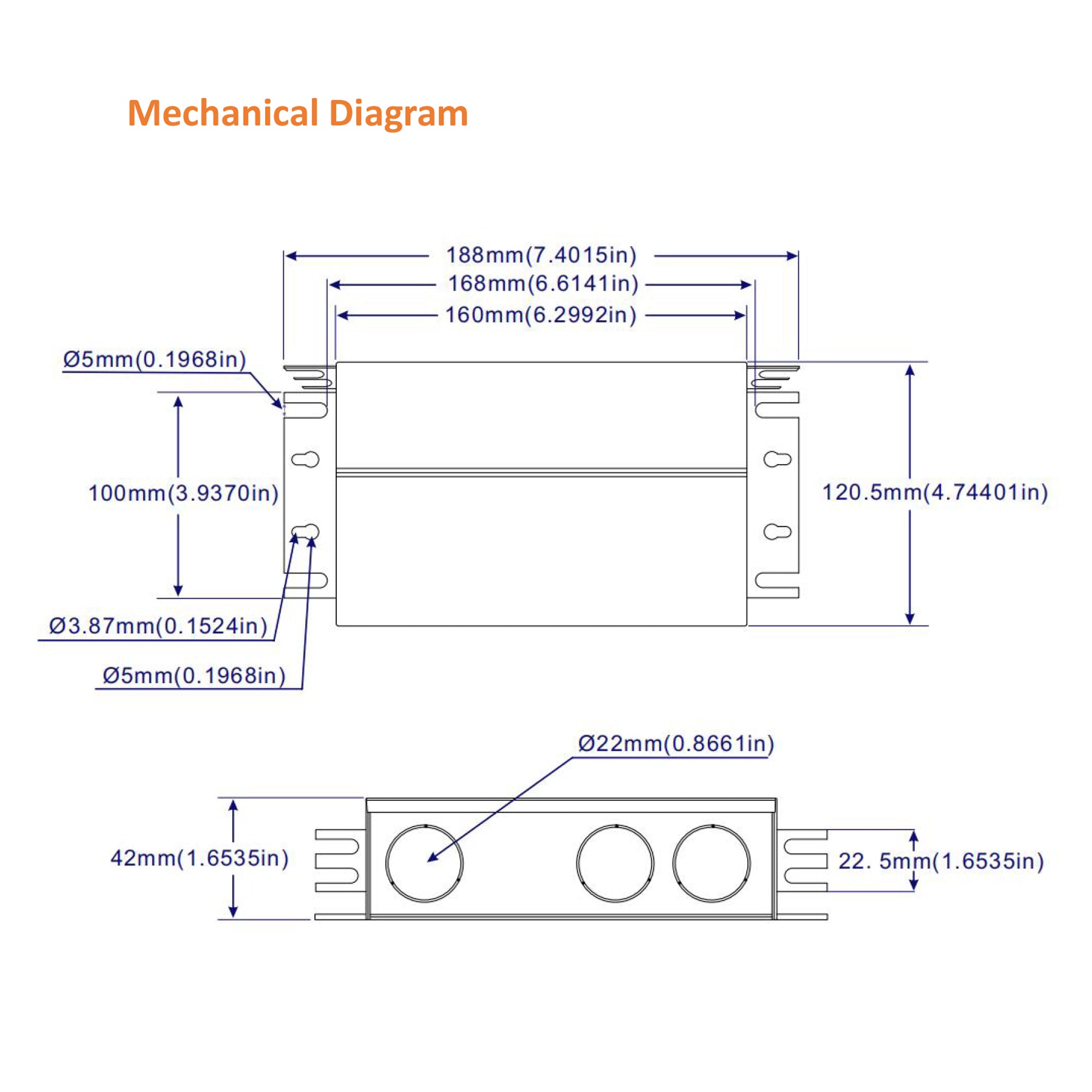 UL listed 12V 120W dimmable LED driver mechanical drawing showing enclosure dimensions mounting brackets and conduit entry sizes