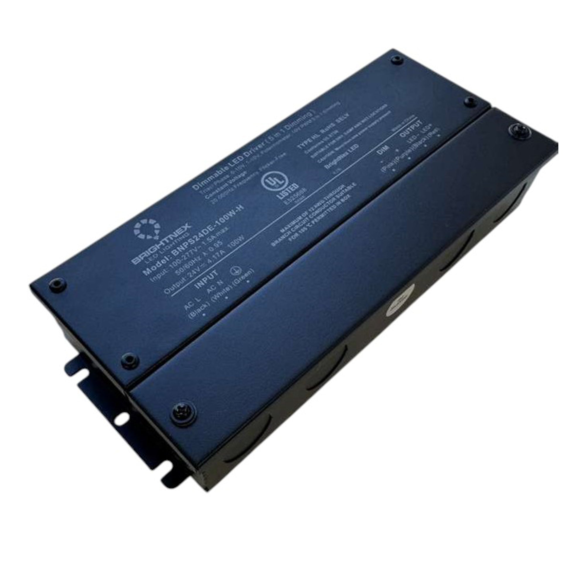 UL listed 12V 24V 100W dimmable LED driver metal junction box angle view with mounting tabs