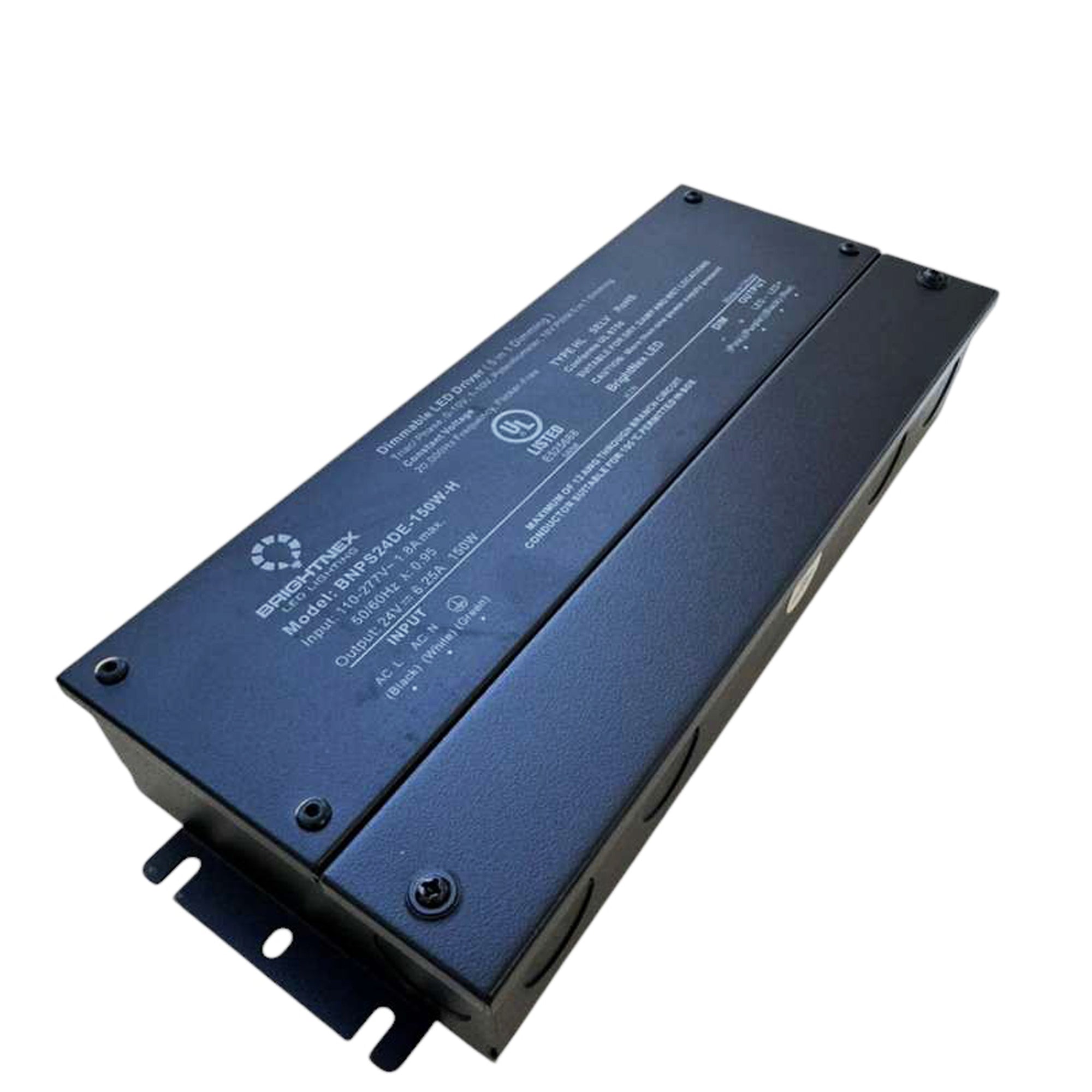 UL listed 12V 24V 150W dimmable LED driver metal junction box angle view with mounting tabs