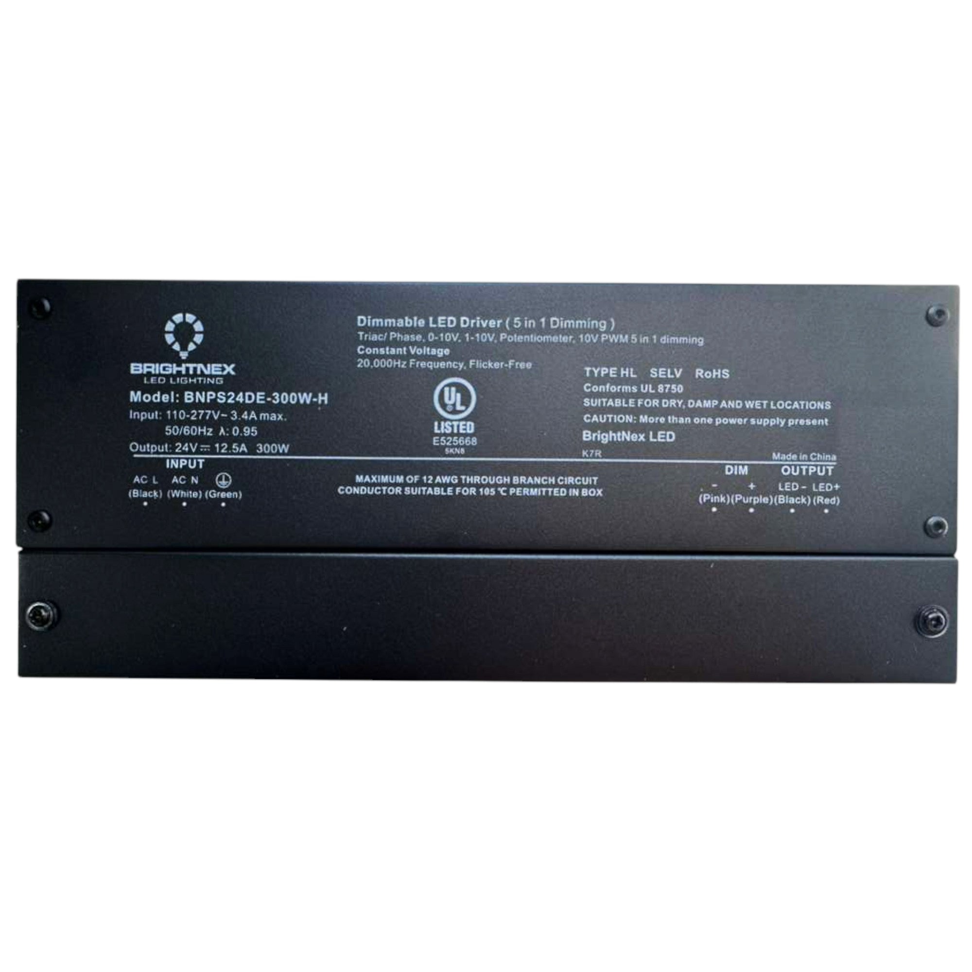 UL listed 12V 24V 300W dimmable LED driver specifications label