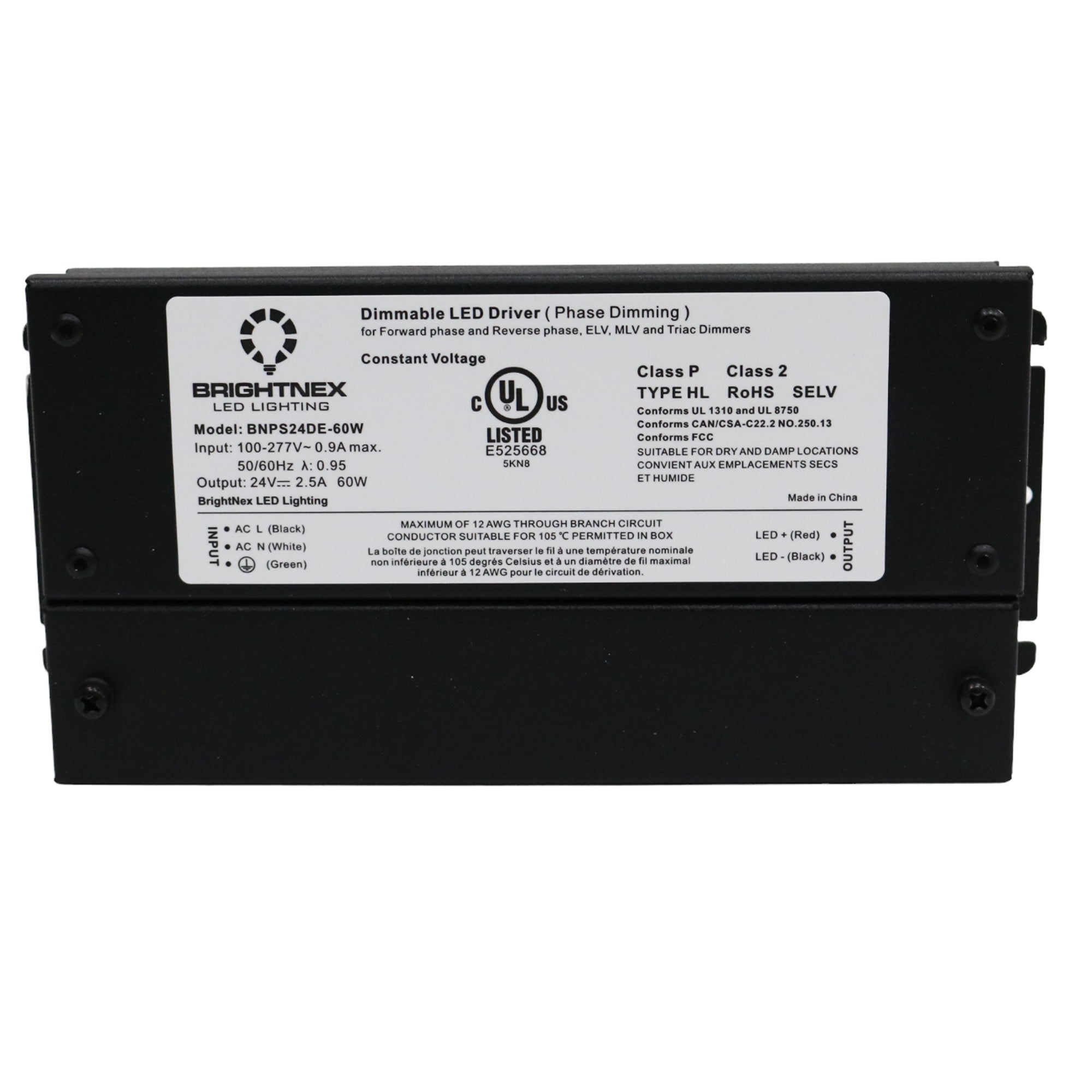 UL listed 12V 24V 60W IP65 dimmable LED driver showing Brightnex electrical specification label and certification marks