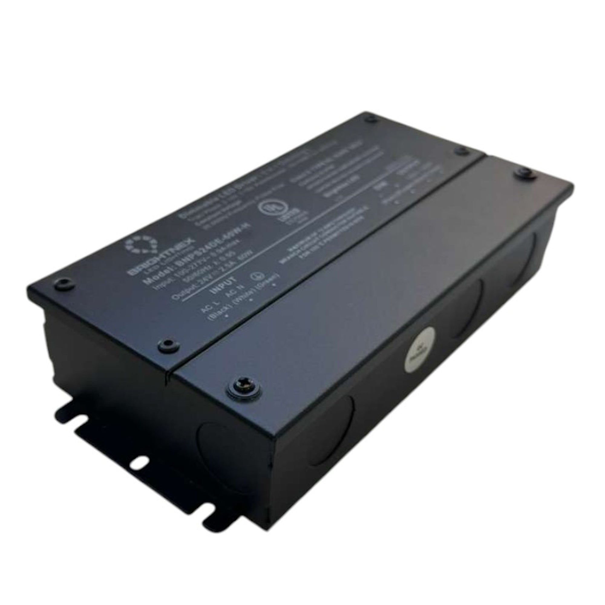 UL listed 12V 24V 60W dimmable LED driver metal junction box angle view with mounting tabs