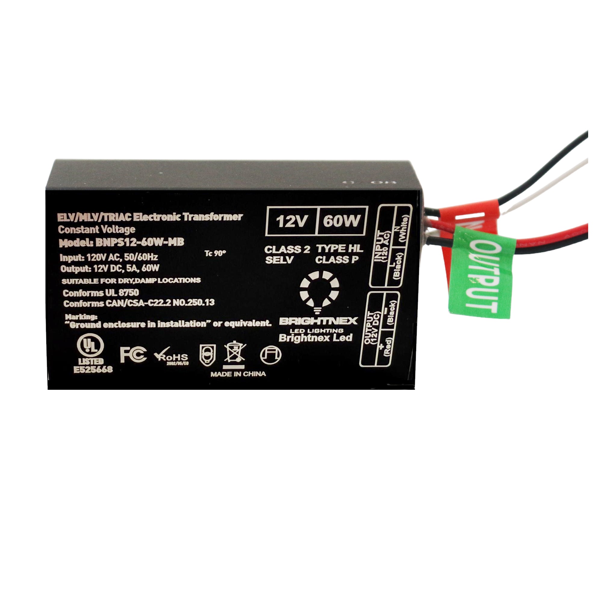 UL listed 12V 60W constant voltage dimmable LED driver showing Brightnex specifications input 120VAC and output 24VDC