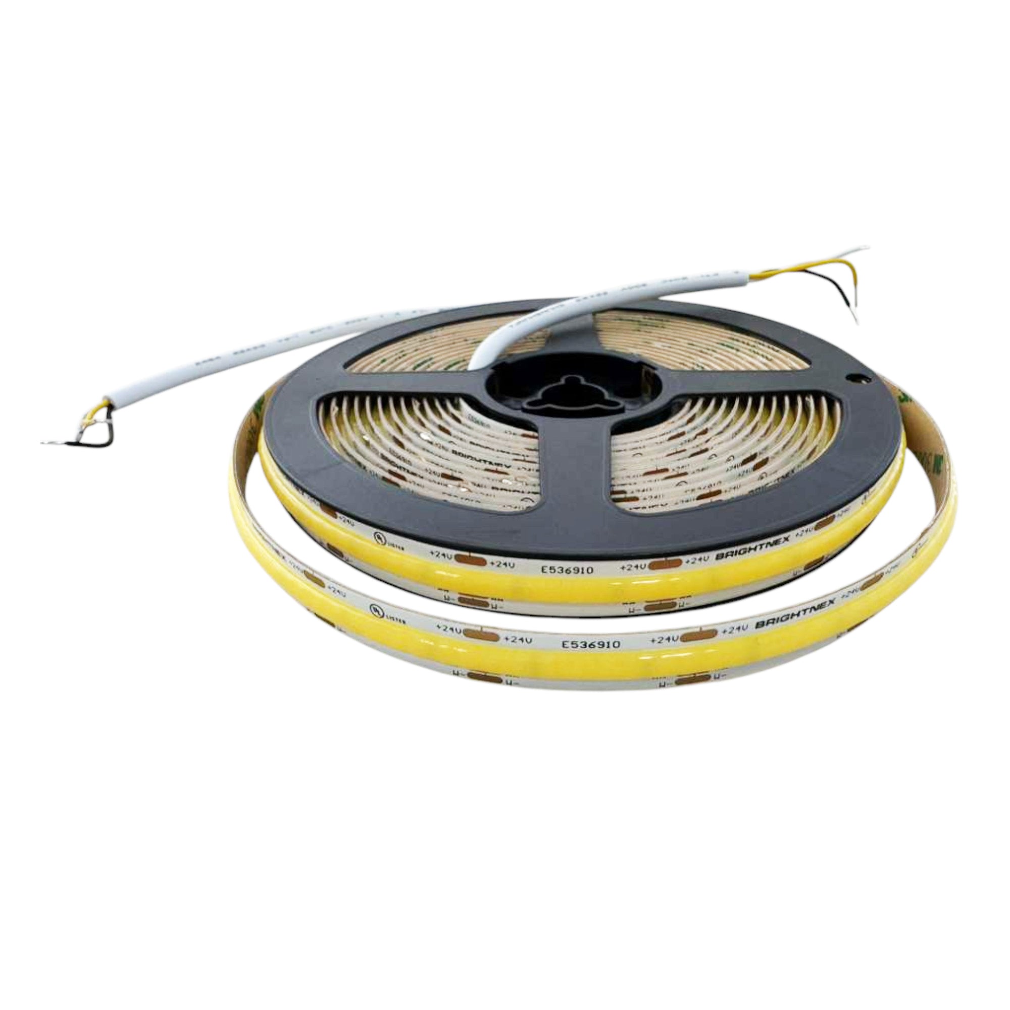 UL listed 24V 10mm COB CCT LED strip light on reel showing warm white indoor lighting application