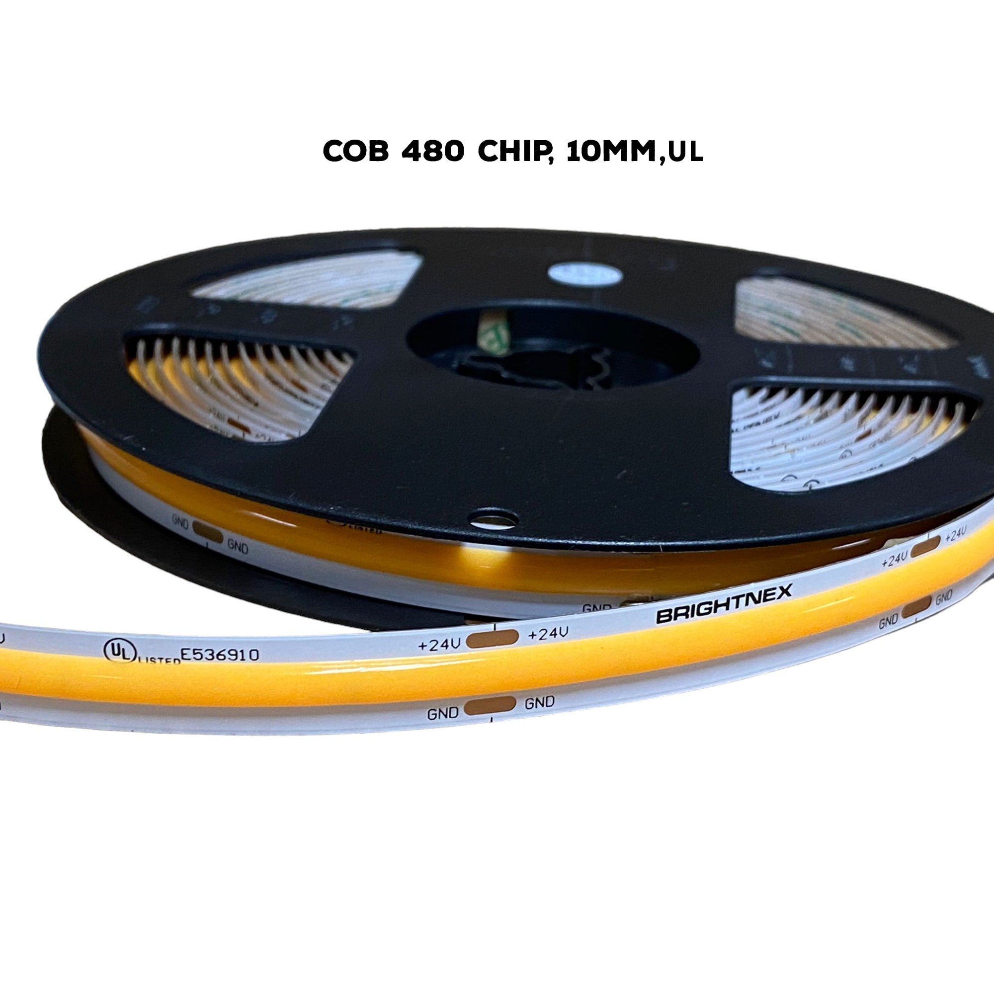 UL listed 24V 10mm COB LED strip light showing COB 480 chip density for indoor LED strip lighting