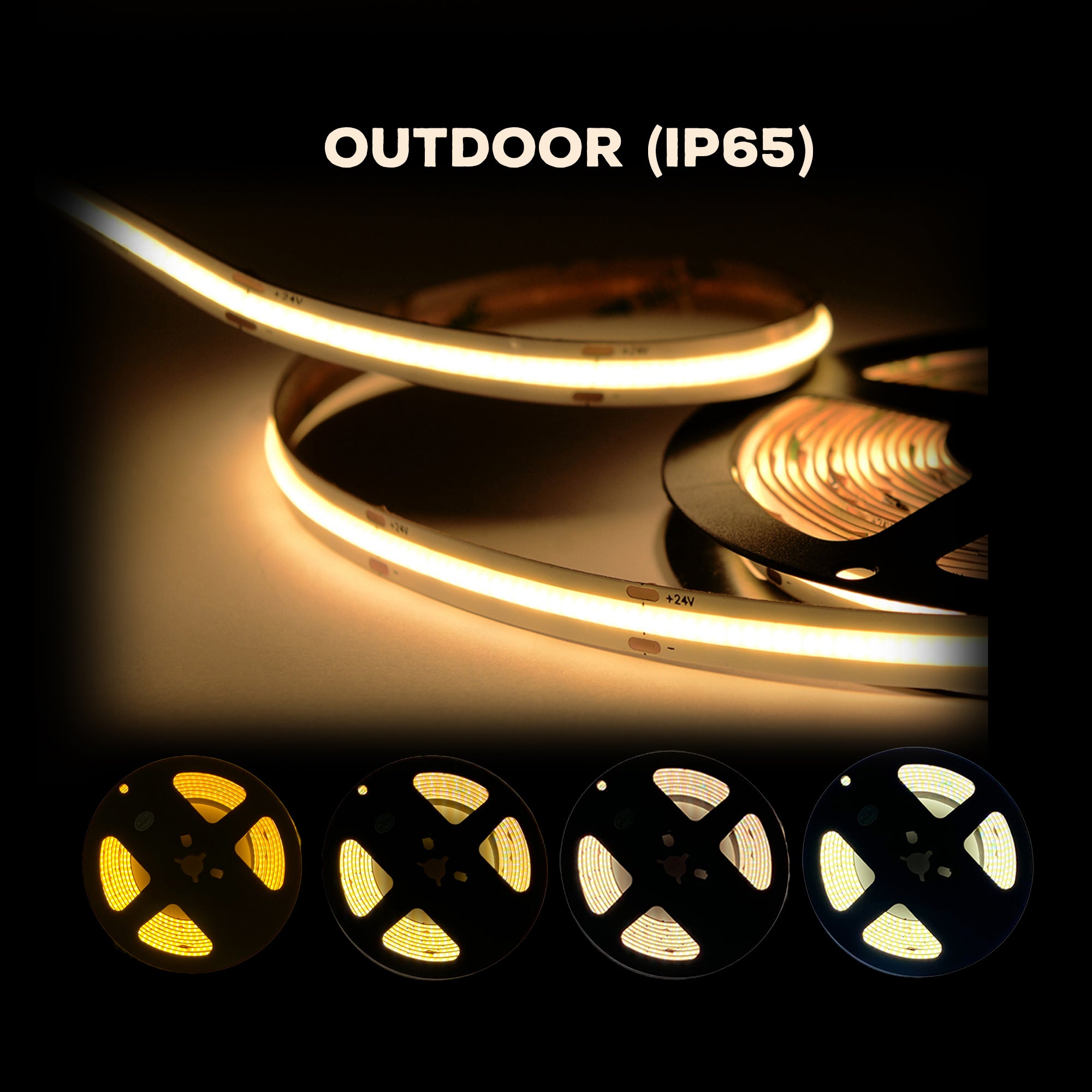 UL listed 24V 10mm COB LED strip light outdoor IP65 showing dotless illumination and different color temperature options