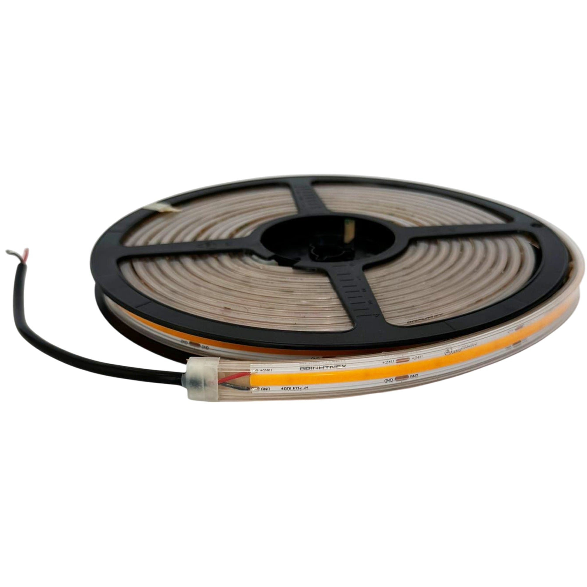 UL listed 24V 10mm COB LED strip light outdoor IP65 showing waterproof cable connection and reel detail