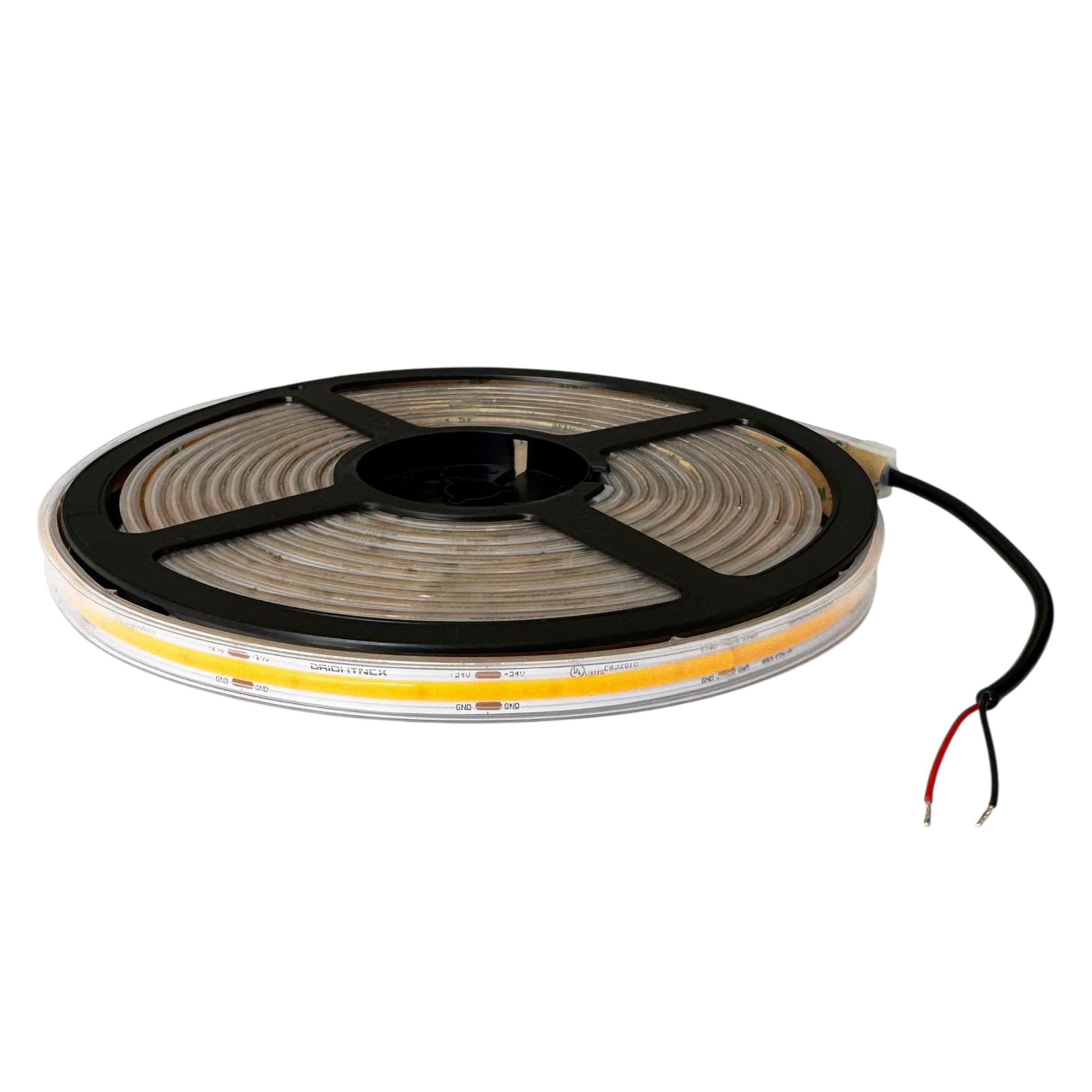 UL listed 24V 10mm COB LED strip light outdoor IP65 showing waterproof cable connection and reel detail