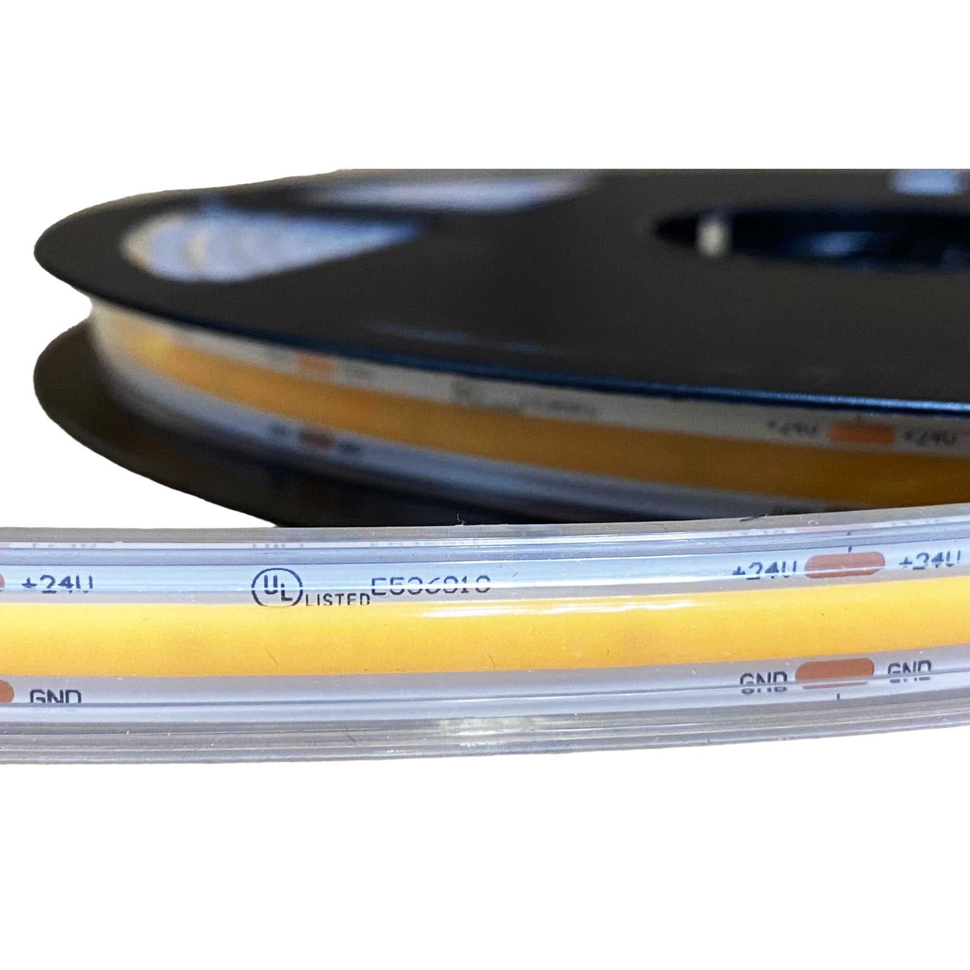 UL listed 24V 10mm COB LED strip light outdoor IP65 close up showing UL certification marking and waterproof silicone coating