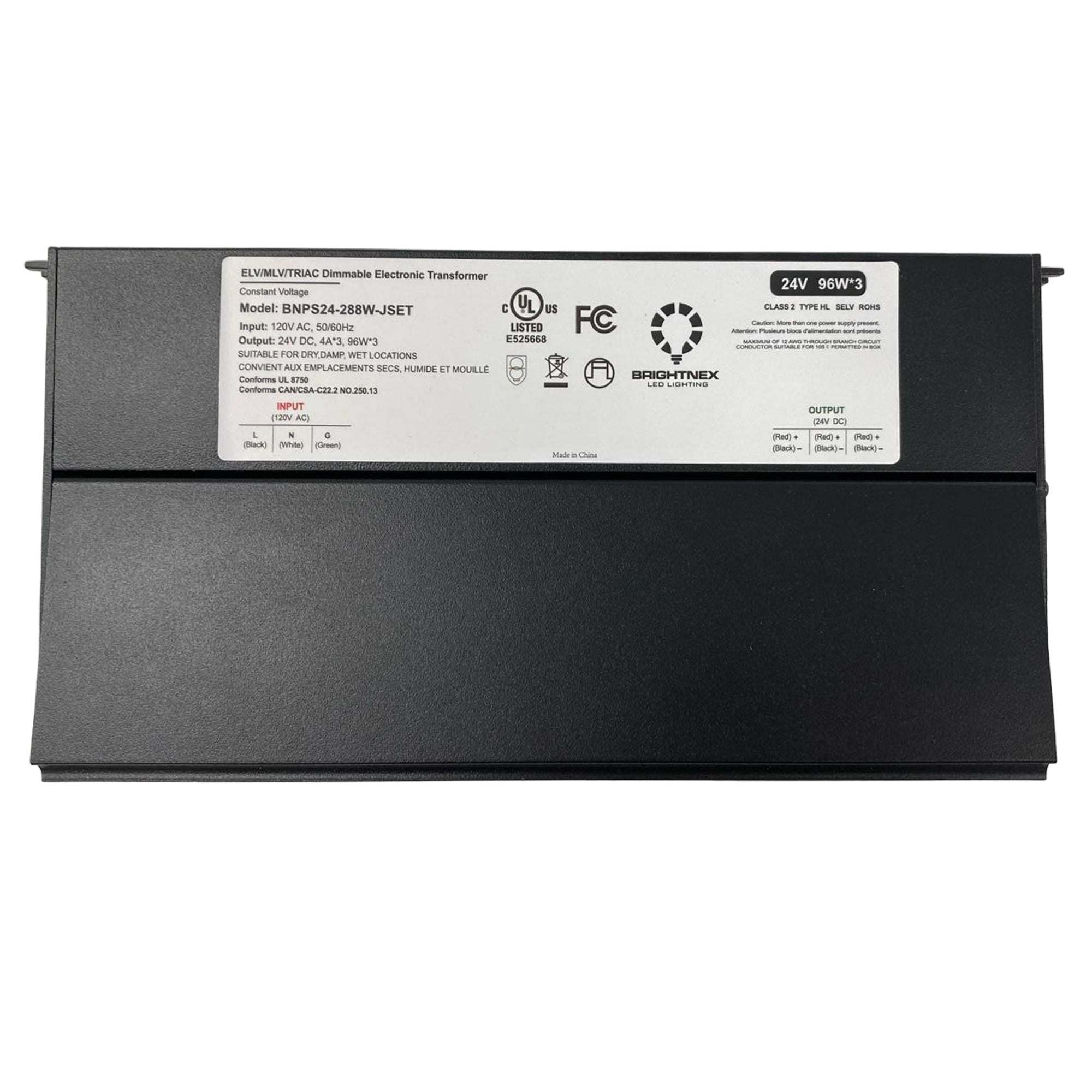 UL listed 24V 288W constant voltage dimmable LED driver Brightnex BNPS24 288W JSET showing electrical ratings and certifications