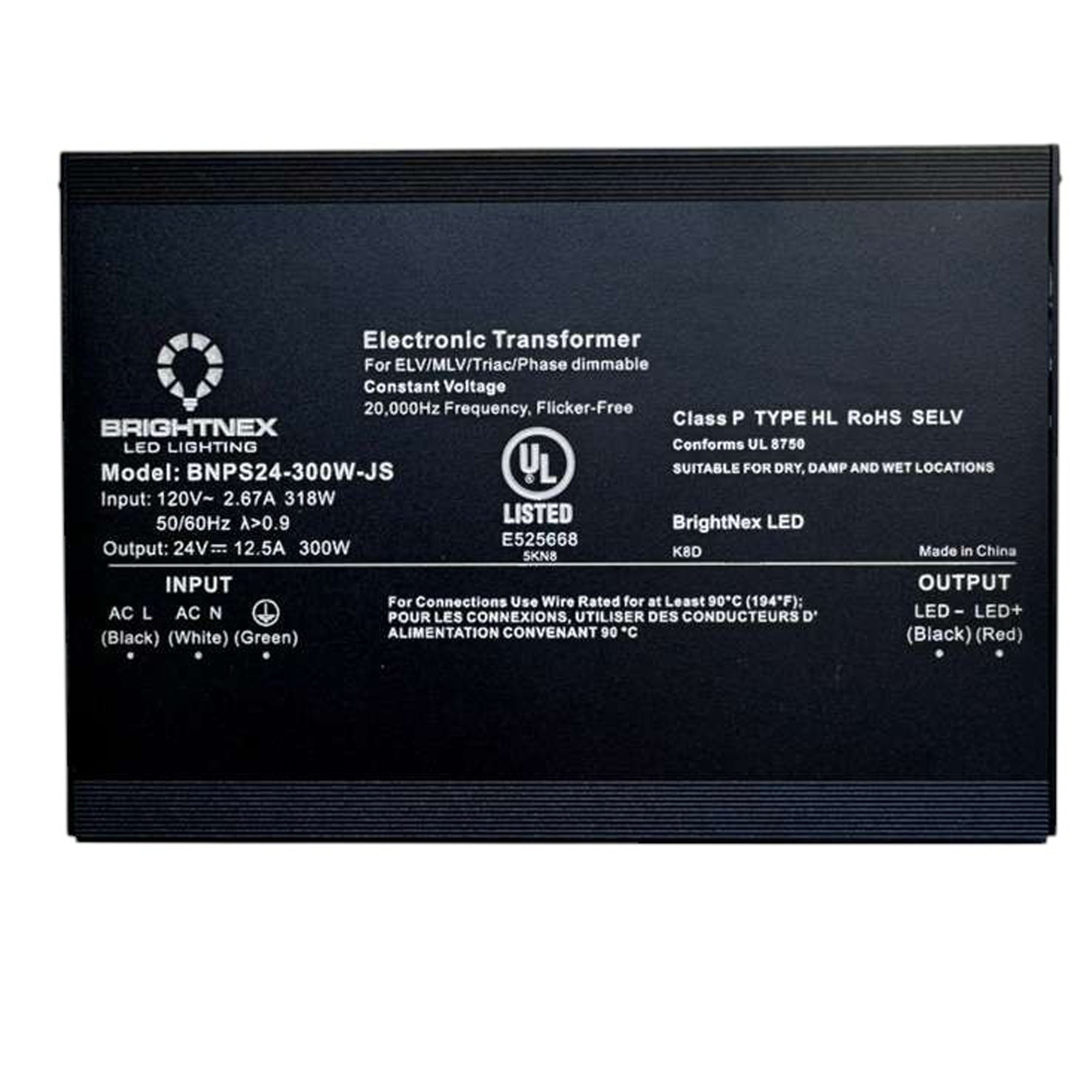 UL listed 24V 300W constant voltage dimmable LED driver showing Brightnex model BNPS24 300W electrical specifications and certifications