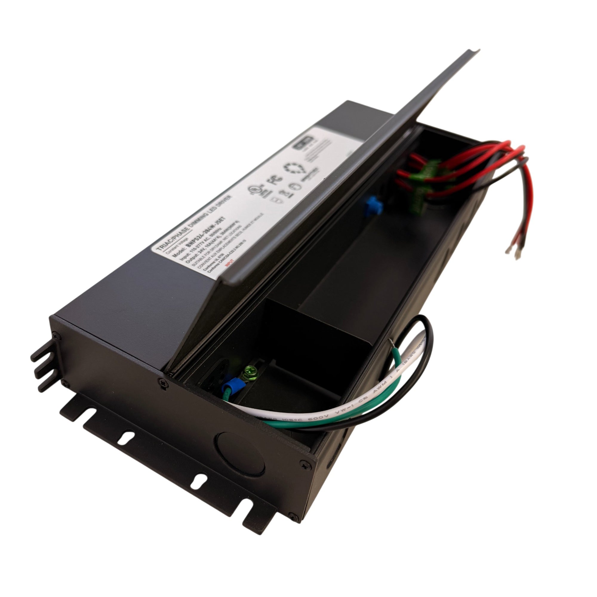 UL listed 24V 384W dimmable LED driver with metal junction box showing internal wiring terminals and connection cables