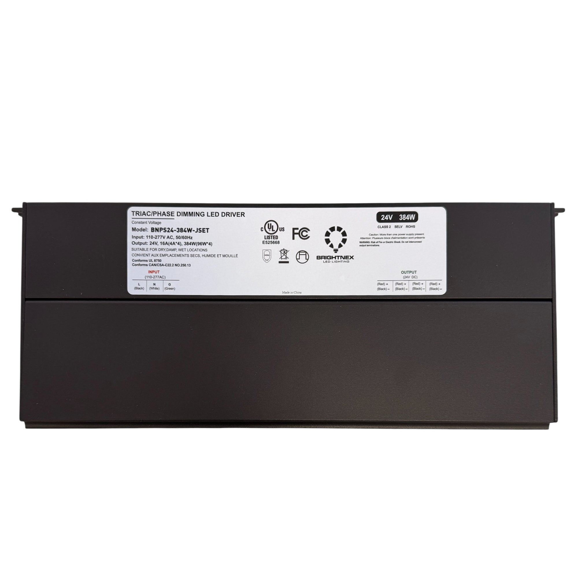 UL listed 24V 384W phase dimmable LED driver showing Brightnex specification label and electrical ratings