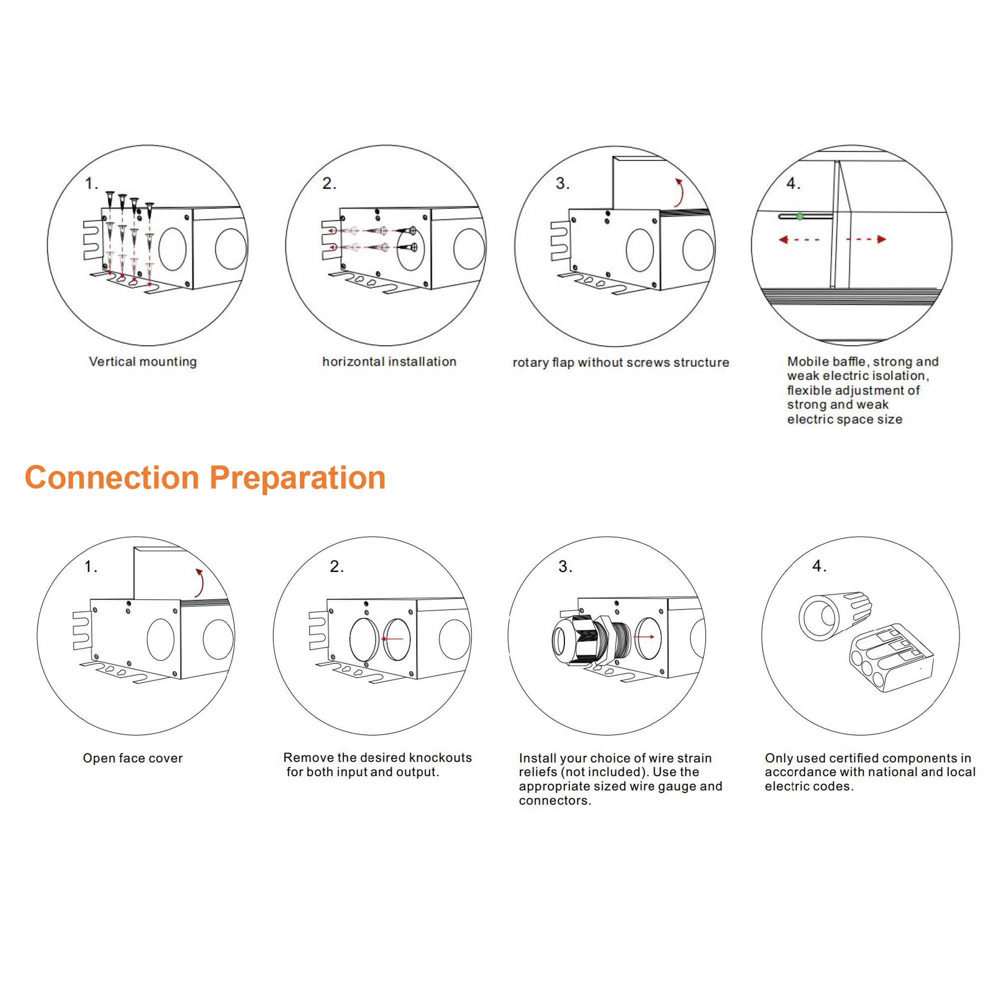 UL listed 24V 60W dimmable LED driver metal junction box installation guide showing mounting options knockout removal and wiring preparation
