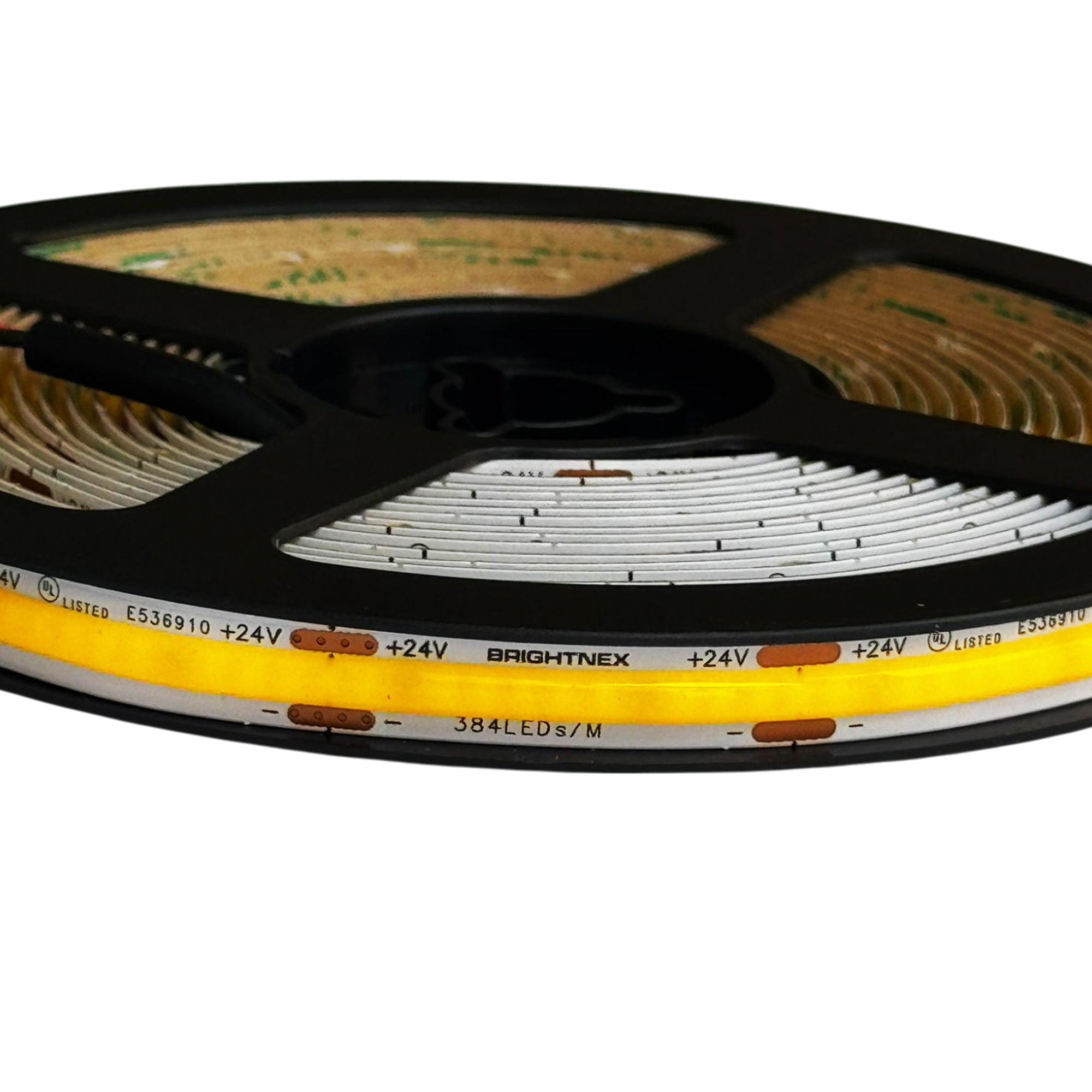 UL listed 24V 8mm COB LED strip light 384 LEDs per meter on reel with DC power wires for indoor installation
