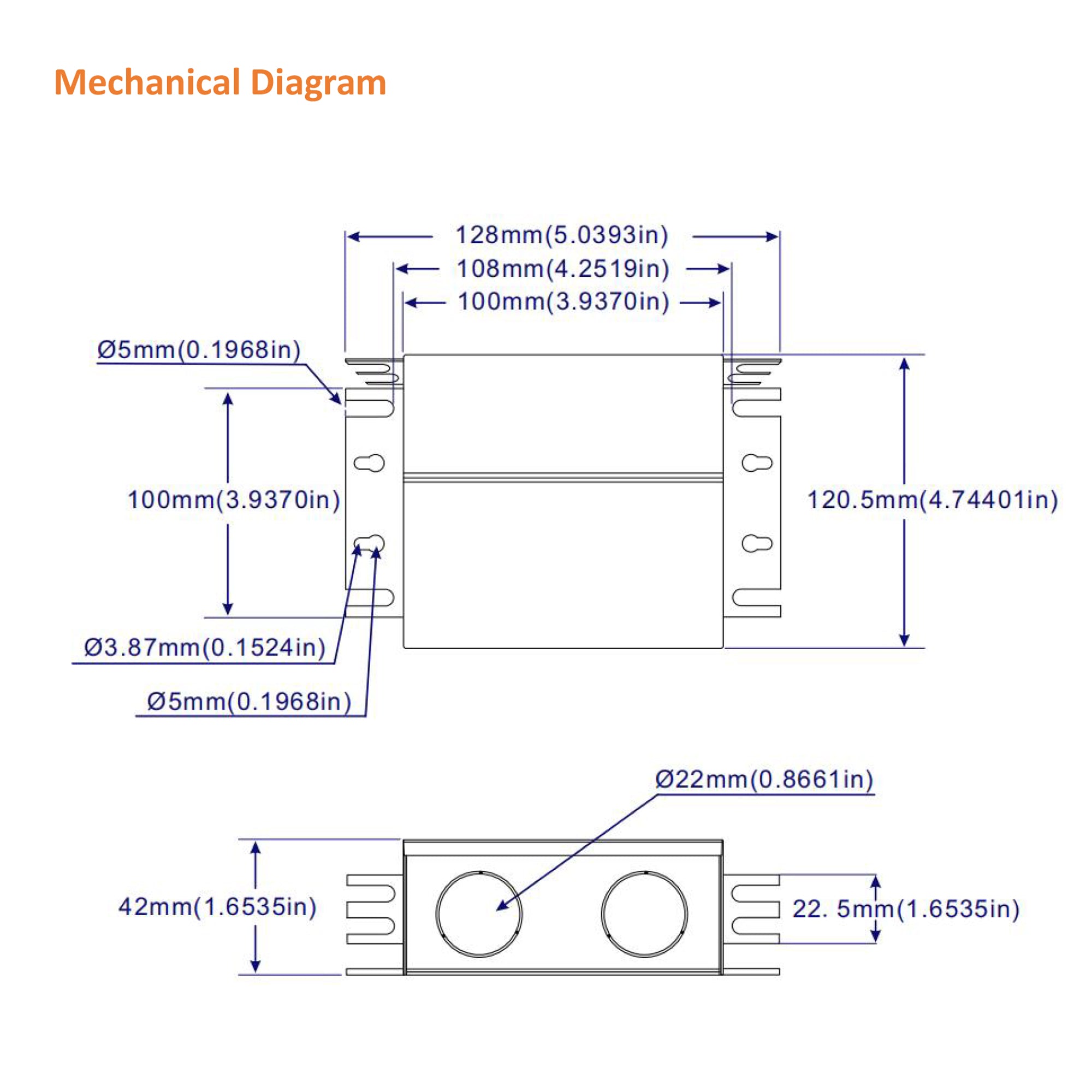 UL listed 24V 96W dimmable LED driver mechanical diagram showing product dimensions mounting brackets and conduit knockout measurements