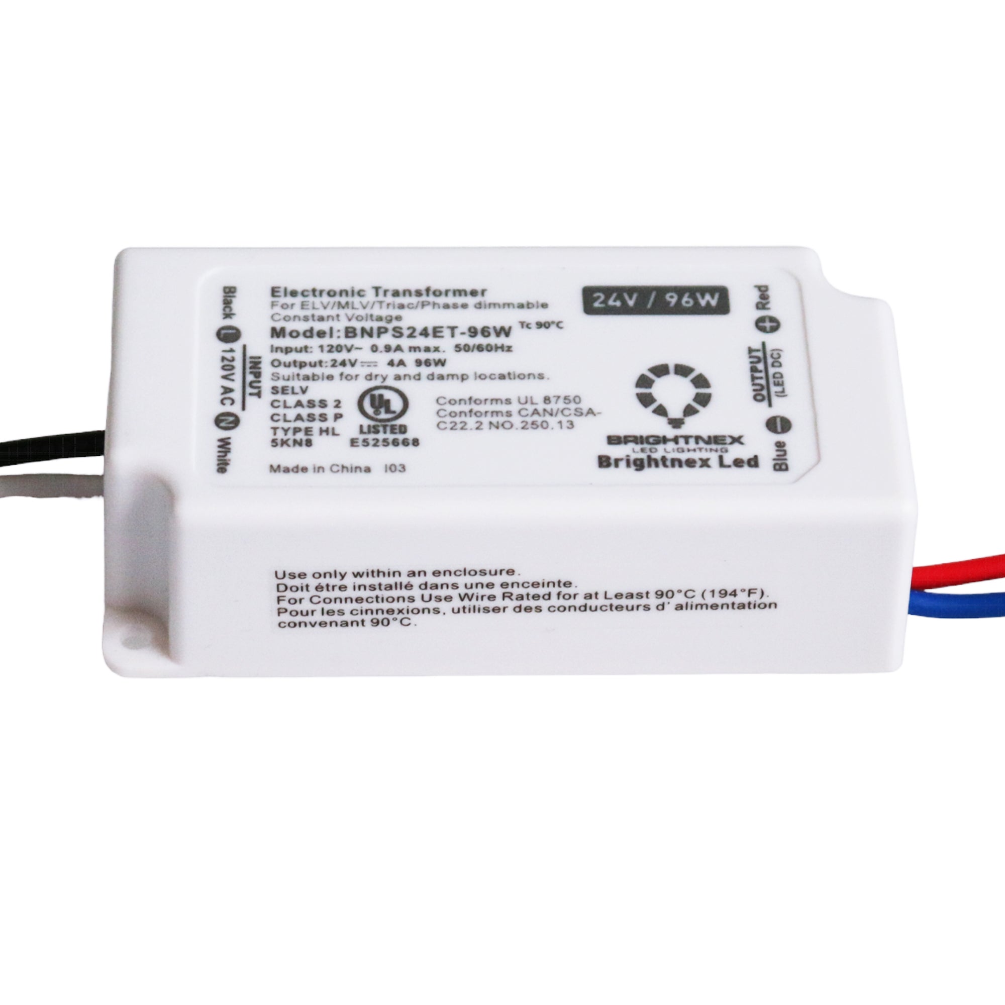 UL listed 24V 96W dimmable LED driver showing Brightnex electrical specifications model BNPS24ET 96W and certification markings