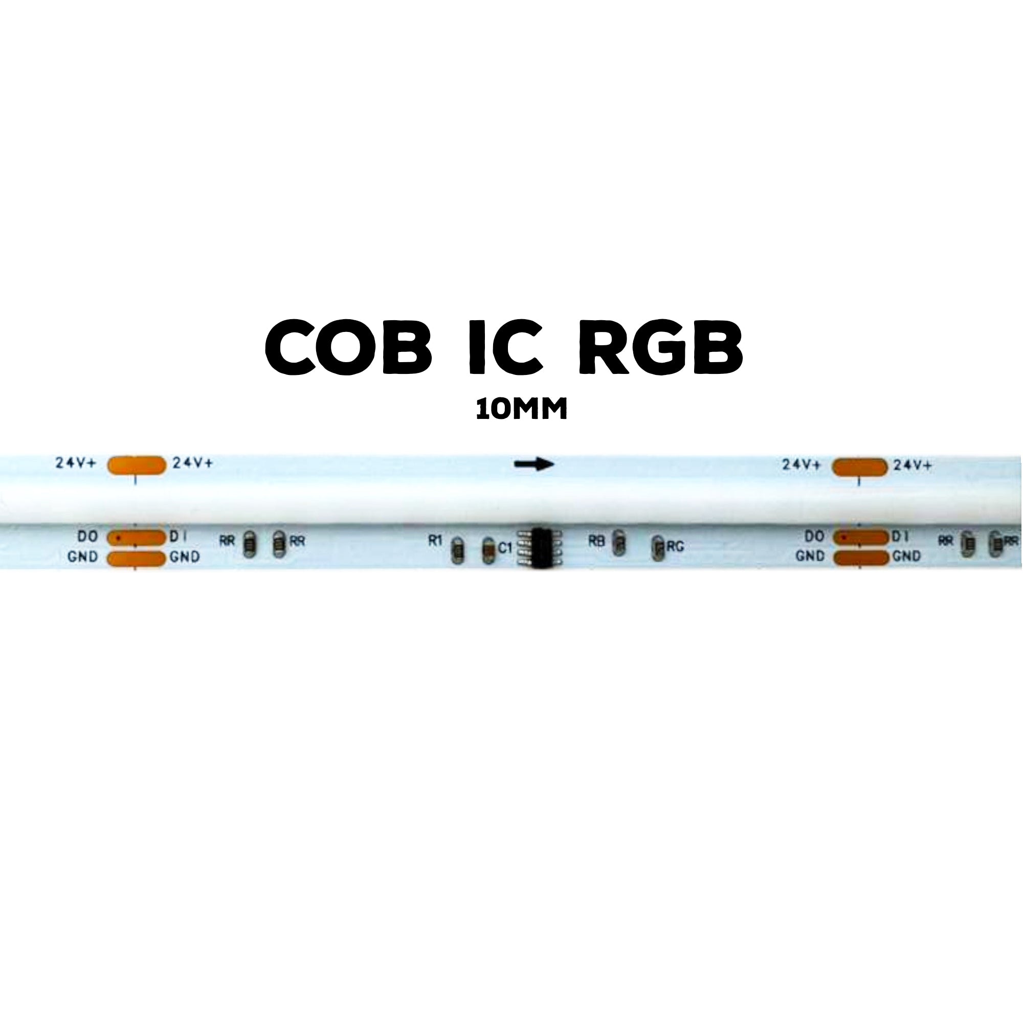 UL listed COB IC RGB LED strip light 24V 10mm IP20 showing integrated IC chip and PCB circuit detail for addressable lighting